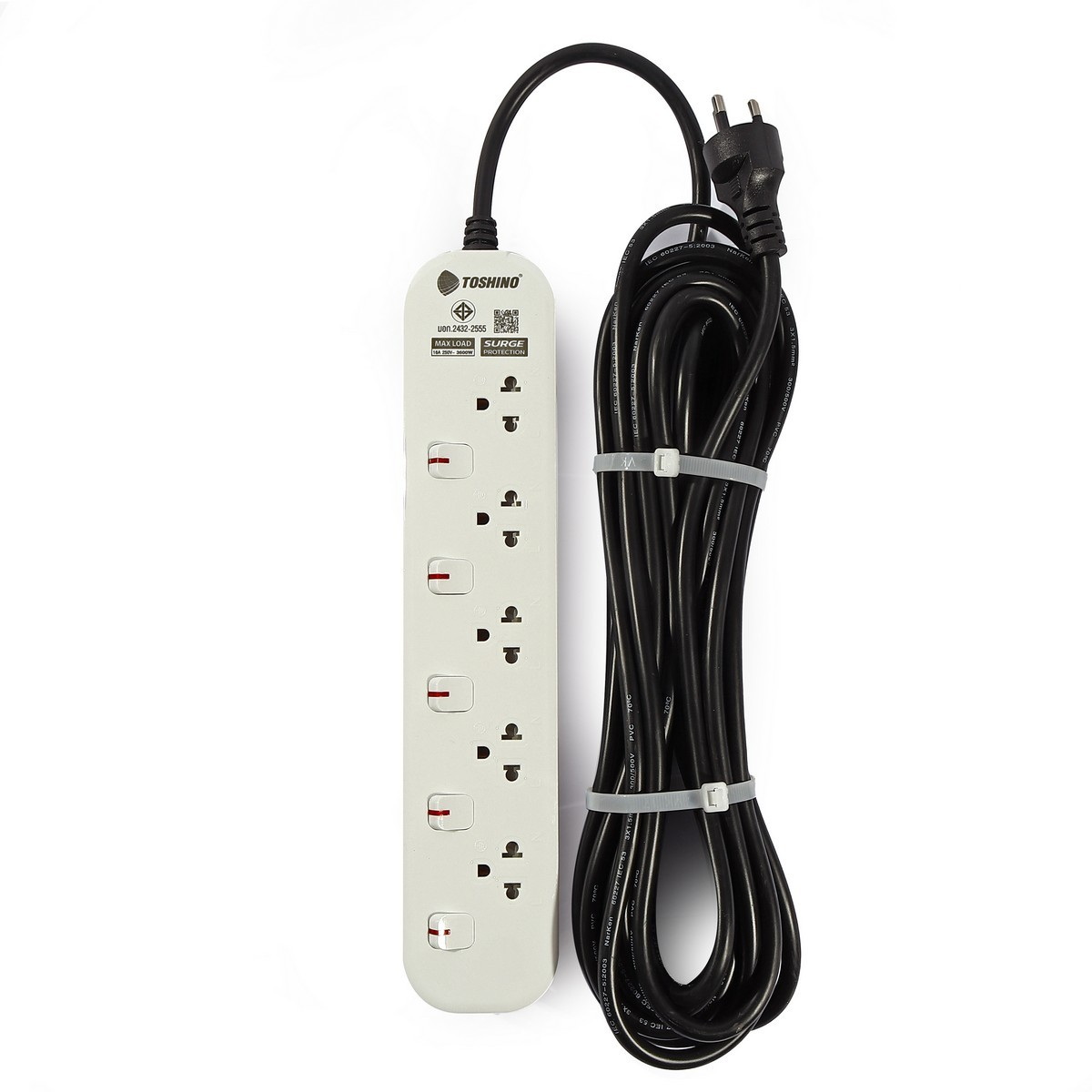TOSHINO JT5-10M ปลั๊กพ่วง 5ช่อง/ 5สวิตซ์/ 10เมตร 16A/3600W