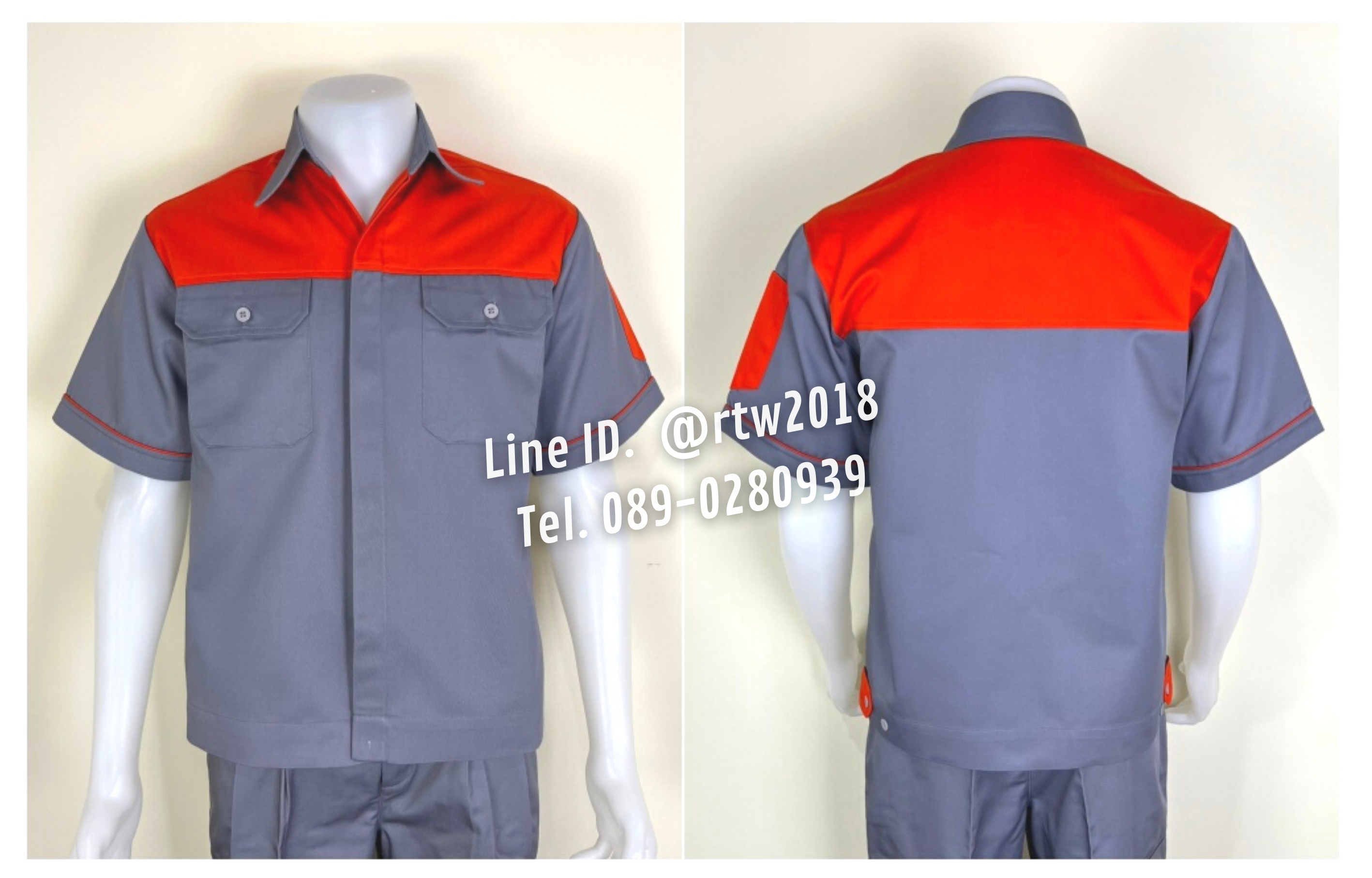 รหัส A8.7.2 : เสื้อช่างแขนสั้นผ้าคอมทวิวเทาอกส้ม (ซ่อนสาบ)