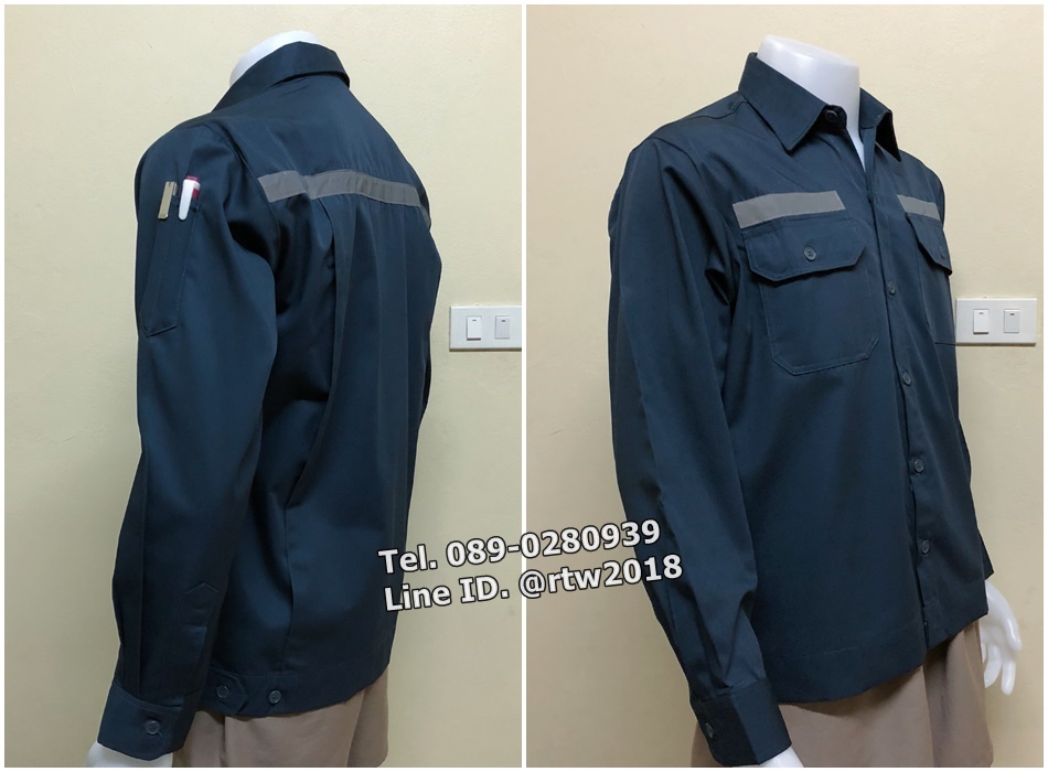 เสื้อช่างแขนยาวผ้าคอมแบบสีเทาติดสะท้อนแสงหน้าหลัง (รหัส A62)