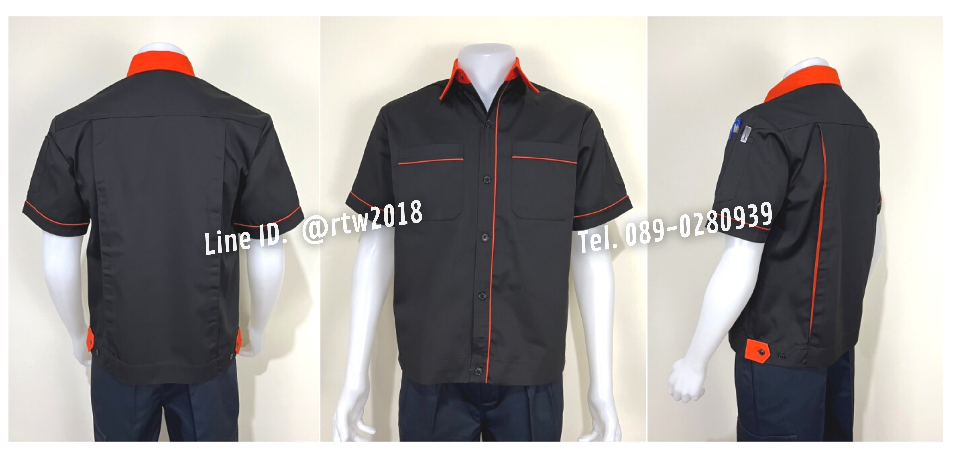 รหัส A7.8 : เสื้อช่างแขนสั้นผ้าคอมทวิวสีดำกุ้นส้ม