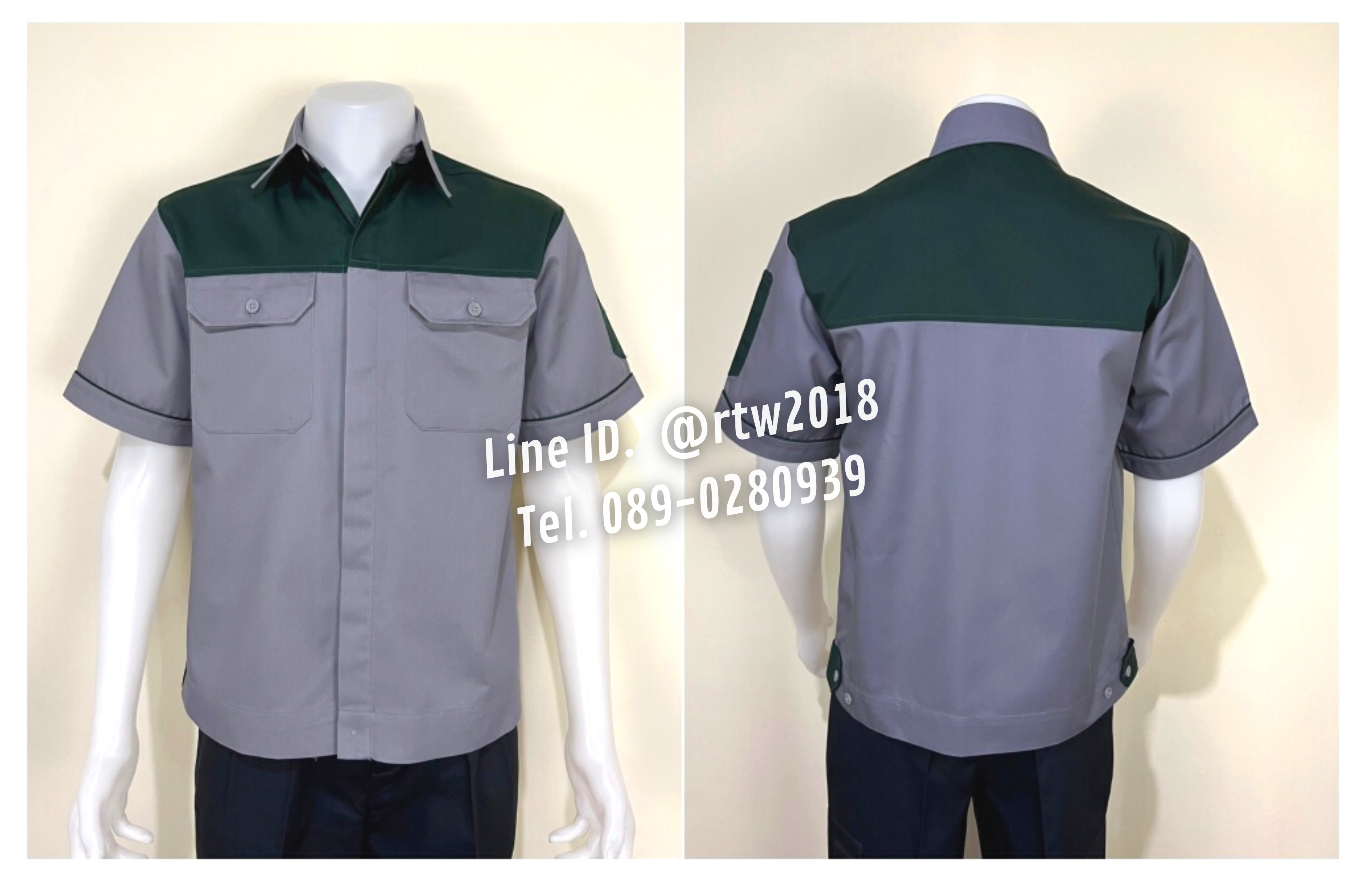 รหัส A8.4 : เสื้อช่างแขนสั้นผ้าคอมทวิวสีเทาอกเขียวแก่ (ซ่อนสาบ)