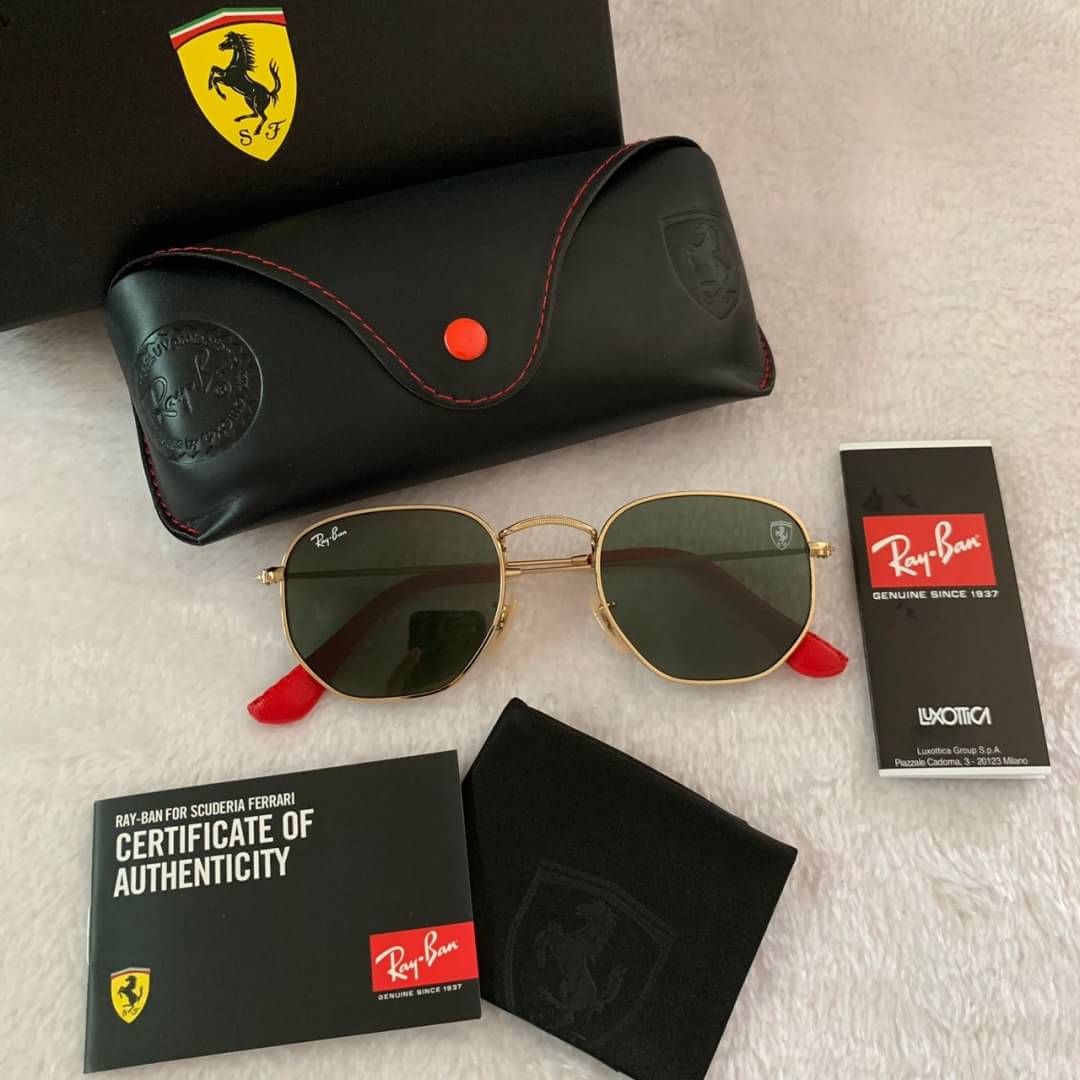 Rayban x ferrari hexagonal Rb3548 งานเกรด Hi end ปั้มโลโก้ทุกจุด เทียบแท้1:1 Sz. 51-21-145 mm Col. G15ทอง, ชาทอง อุปกรณ์ครบเซทใหญ่ตามแบรนด์ : Full set ✅รับประกันความพอใจ👍🏼 ***ถ่ายจากสินค้าจริง เกรด Hi