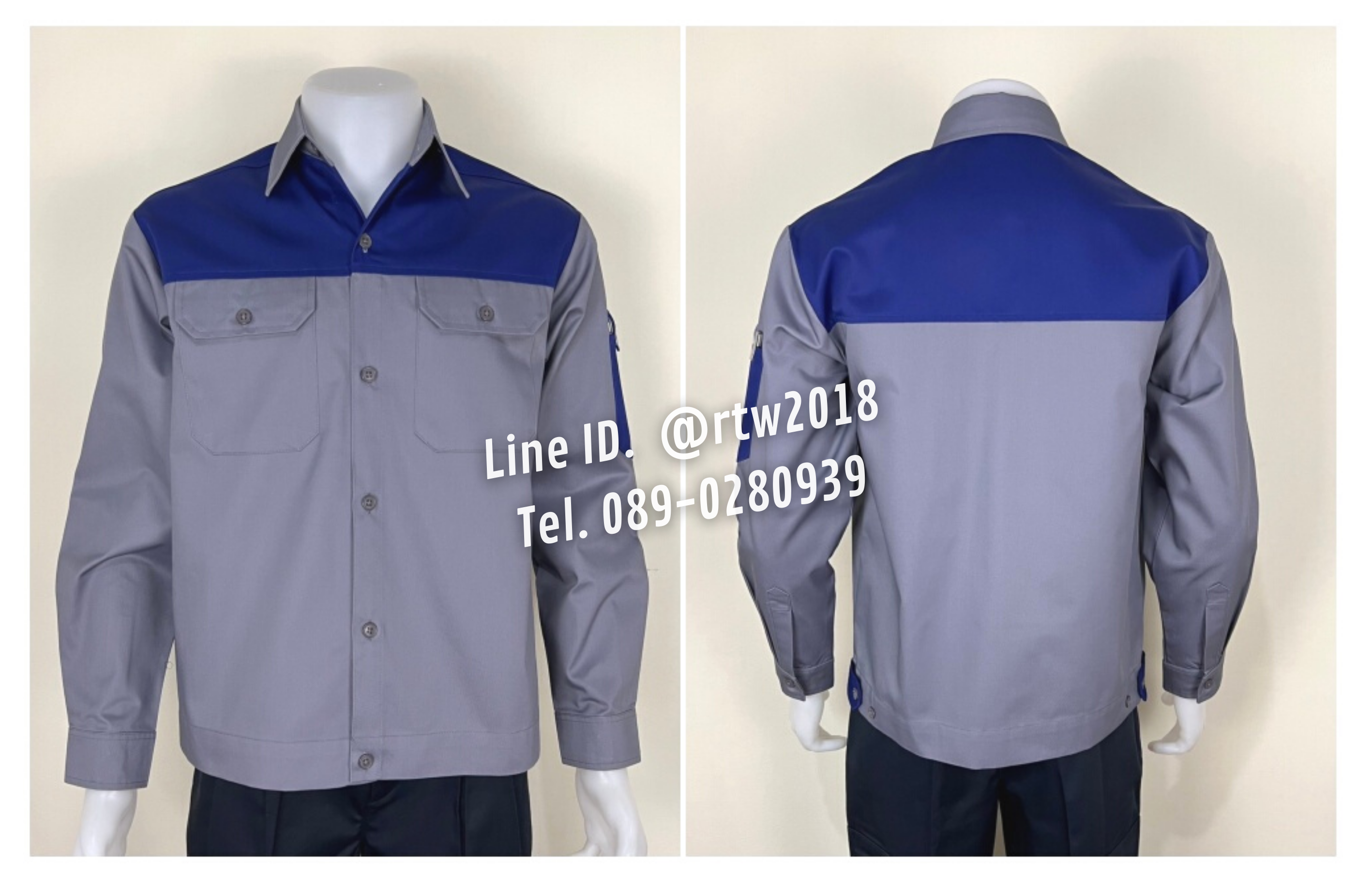 รหัส AB14.6 : เสื้อช่างแขนยาวผ้าคอมทวิวสีเทาอกน้ำเงิน