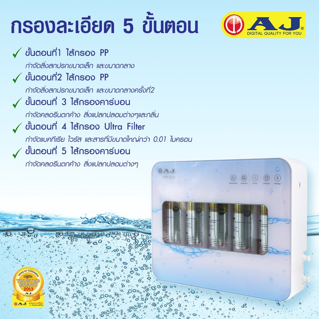 AJ เครื่องกรองน้ำดื่ม รุ่น WP-003 กรองละเอียด 5 ขั้นตอน กรองกลิ่นและคลอรีนได้ สะอาด ปลอดภัย ไร้สารพิษ ติดตั้งง่าย ไม่ต้องใช้ไฟ้ฟ้า ประกัน 1 ปี