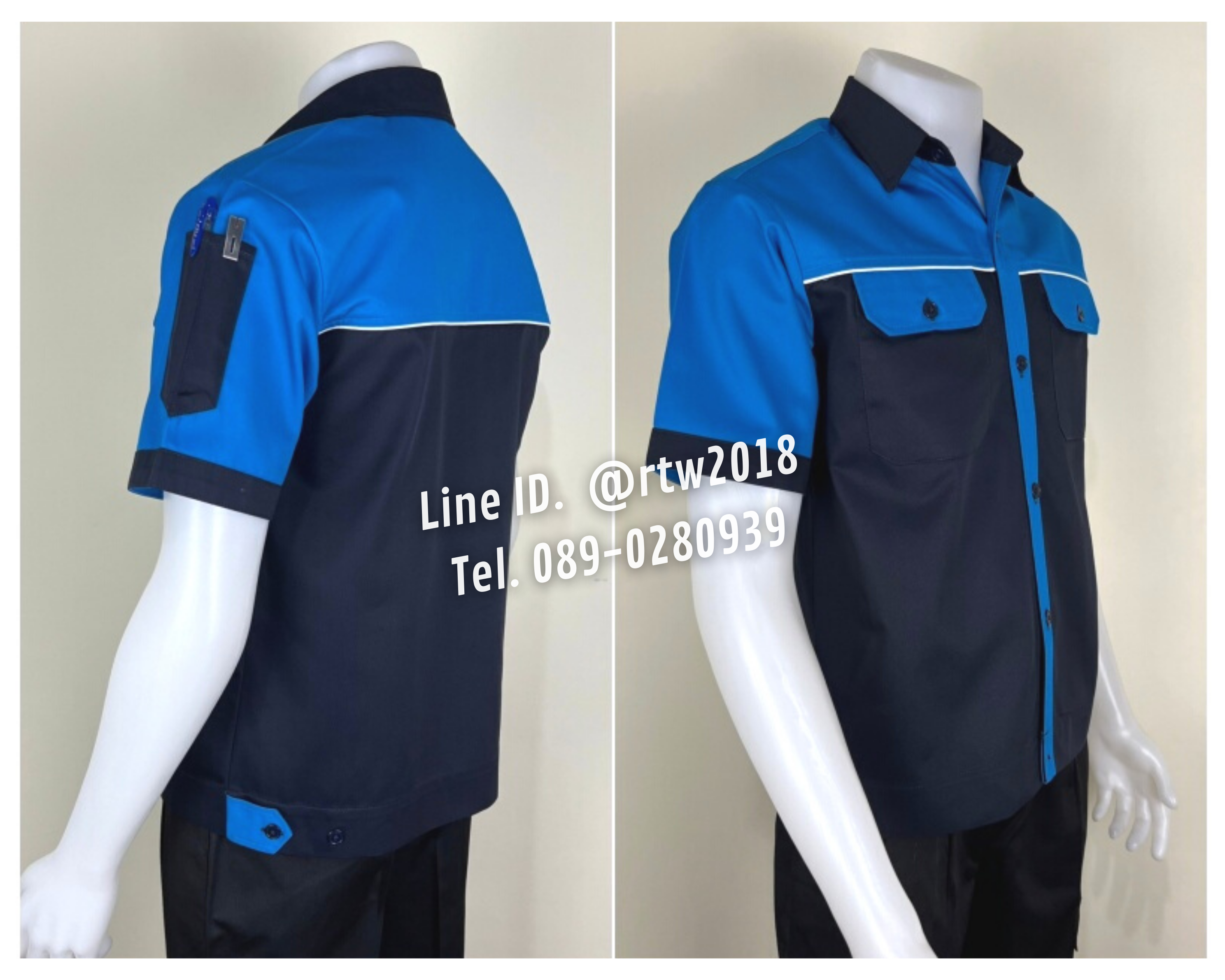 รหัส A26.5 : เสื้อช่างแขนสั้นผ้าคอมทวิวสีกรมท่าอก+แขนฟ้าเข้ม (กุ้นขาว)