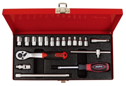 บ็อกชุด AMPRO รู 1/4" 18 ชิ้น (มิล) ขนาด 6 เหลี่ยม (PARABOLA)