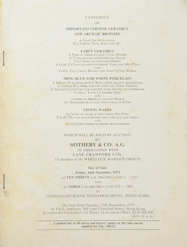 IMPORTANT CHINESE CERAMICS AND ARCHAIC BRONZES FRIDAY 16th NOVEMBER 1973