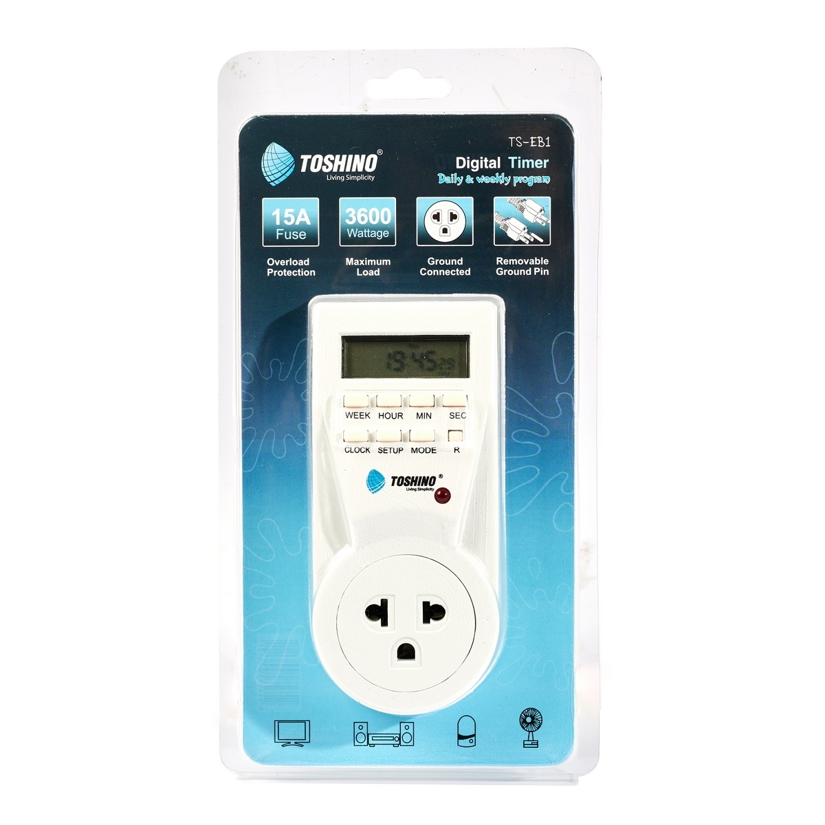 TOSHINO TS-EB1 ปลั๊กไฟตั้งเวลาเปิด-ปิด อัตโนมัติ 24 ชั่วโมง ดิจิตอล