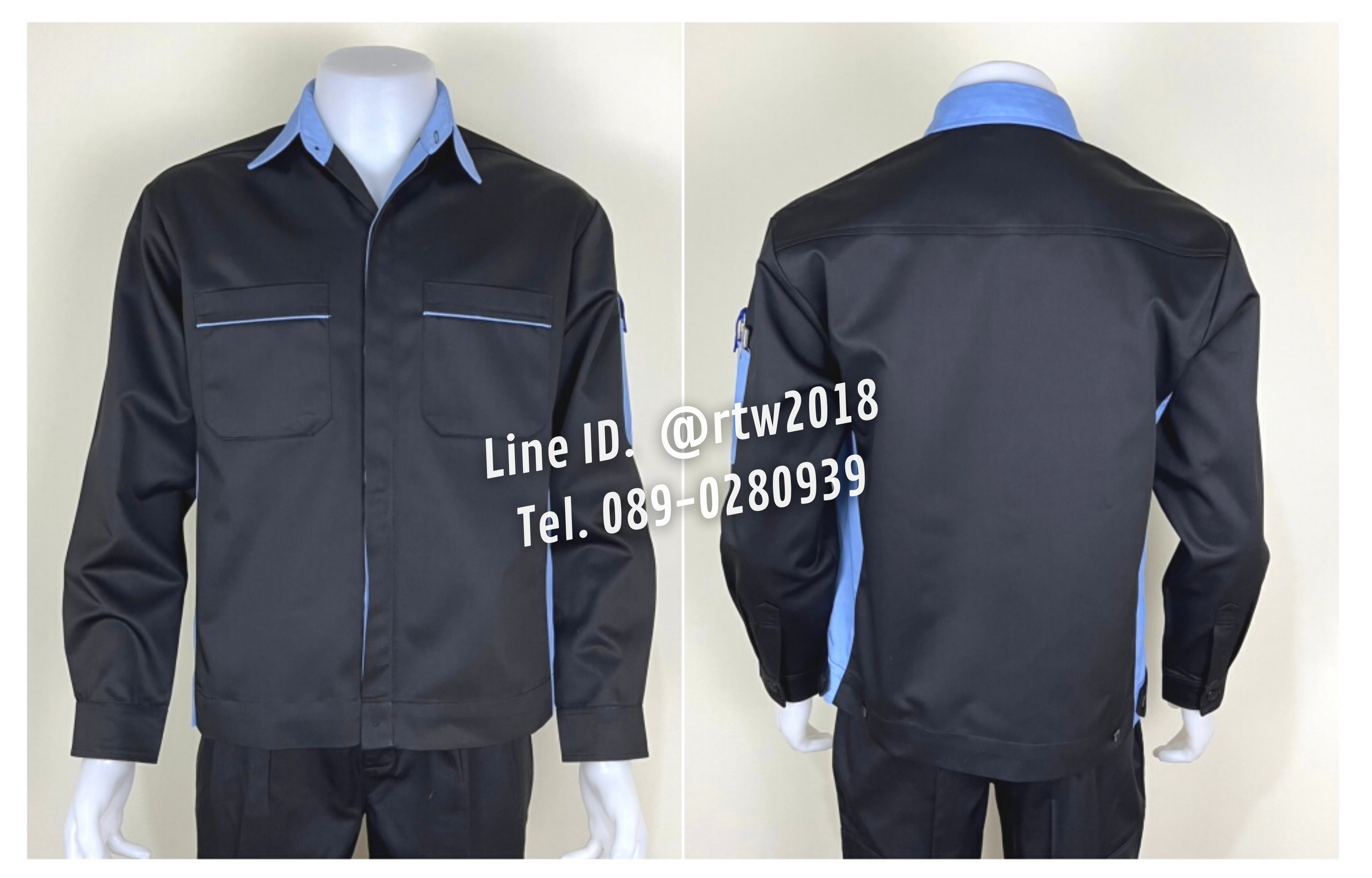 รหัส AB11.2 : เสื้อช่างแขนยาวผ้าคอมทวิวสีดำข้างฟ้า (ซ่อนสาบ)
