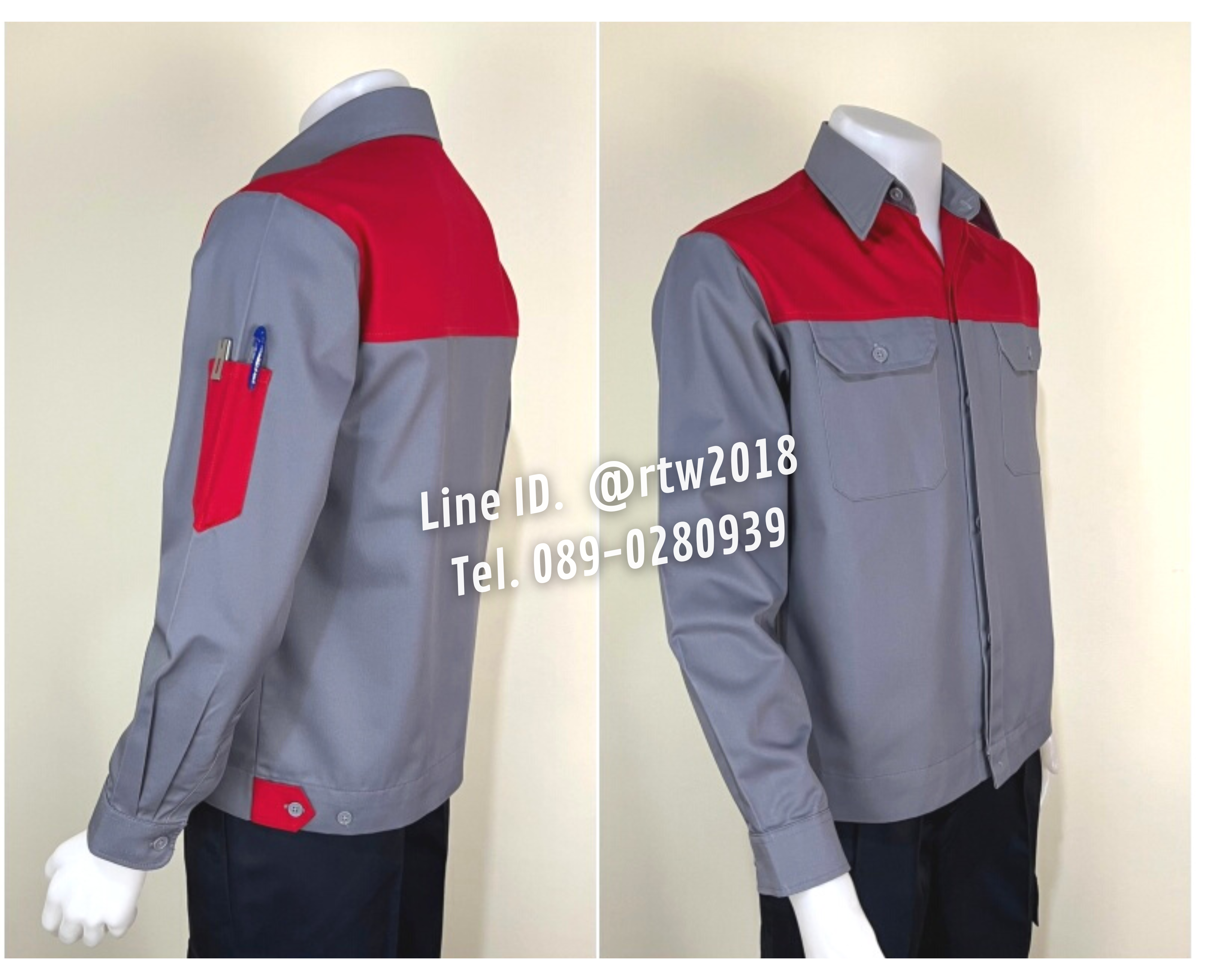 รหัส AB2.8 : เสื้อช่างแขนยาวผ้าคอมทวิวสีเทาอกแดง (ซ่อนสาบ)