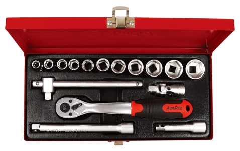 บ็อกชุด AMPRO รู 3/8" 16 ชิ้น (มิล) ขนาด 6 เหลี่ยม (PARABOLA)