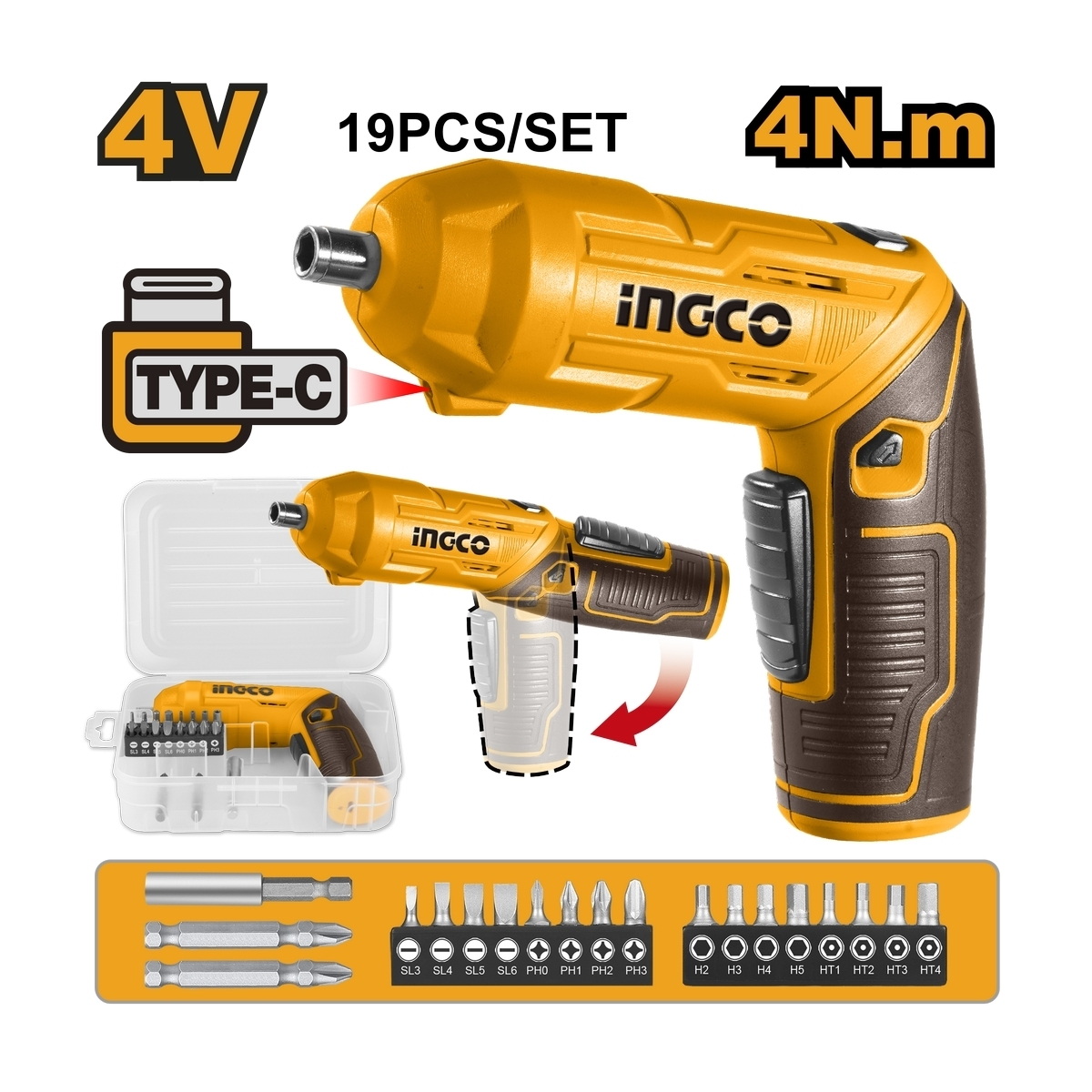 INGCO CSDLI0442 สว่านไขควงไร้สาย 1/4" 4V-4N.m+ACC (งอได้) แบตในตัว