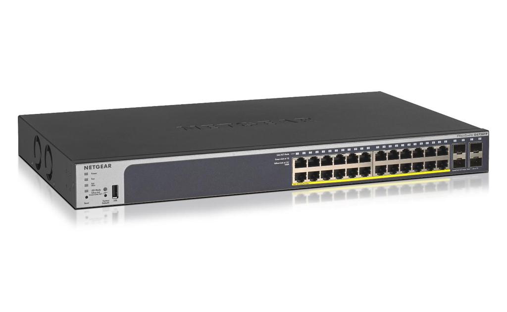 GS728TP — 28-Port Gigabit Ethernet Smart Switch with 4 SFP Ports (16 PoE, 8 PoE+) (192W)