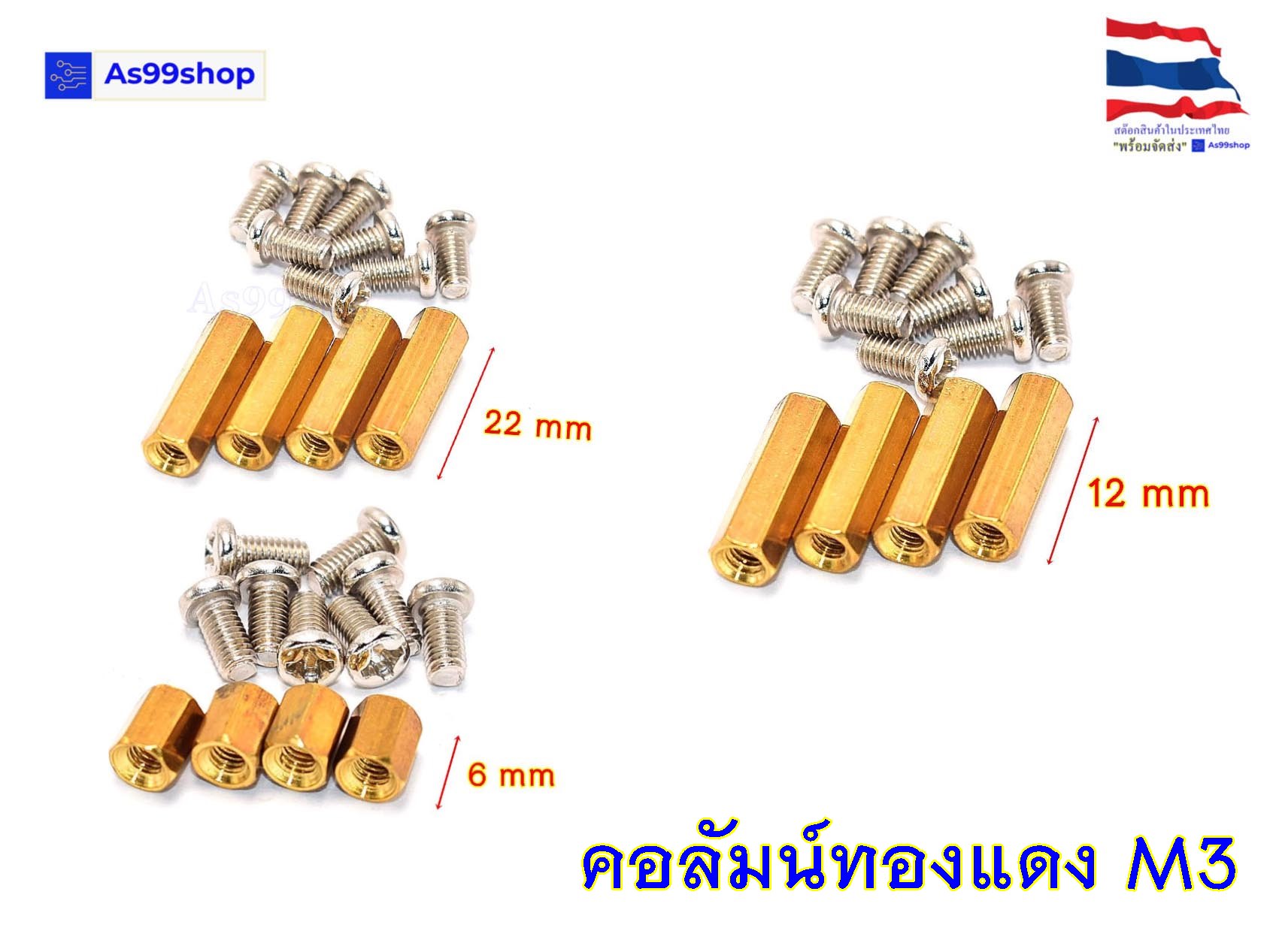 คอลัมน์ทองแดง M3 หกเหลี่ยม แบบกลวง คอลัมน์ ( 1 ชุด 4 ตัว )+น๊อต 8 ตัว