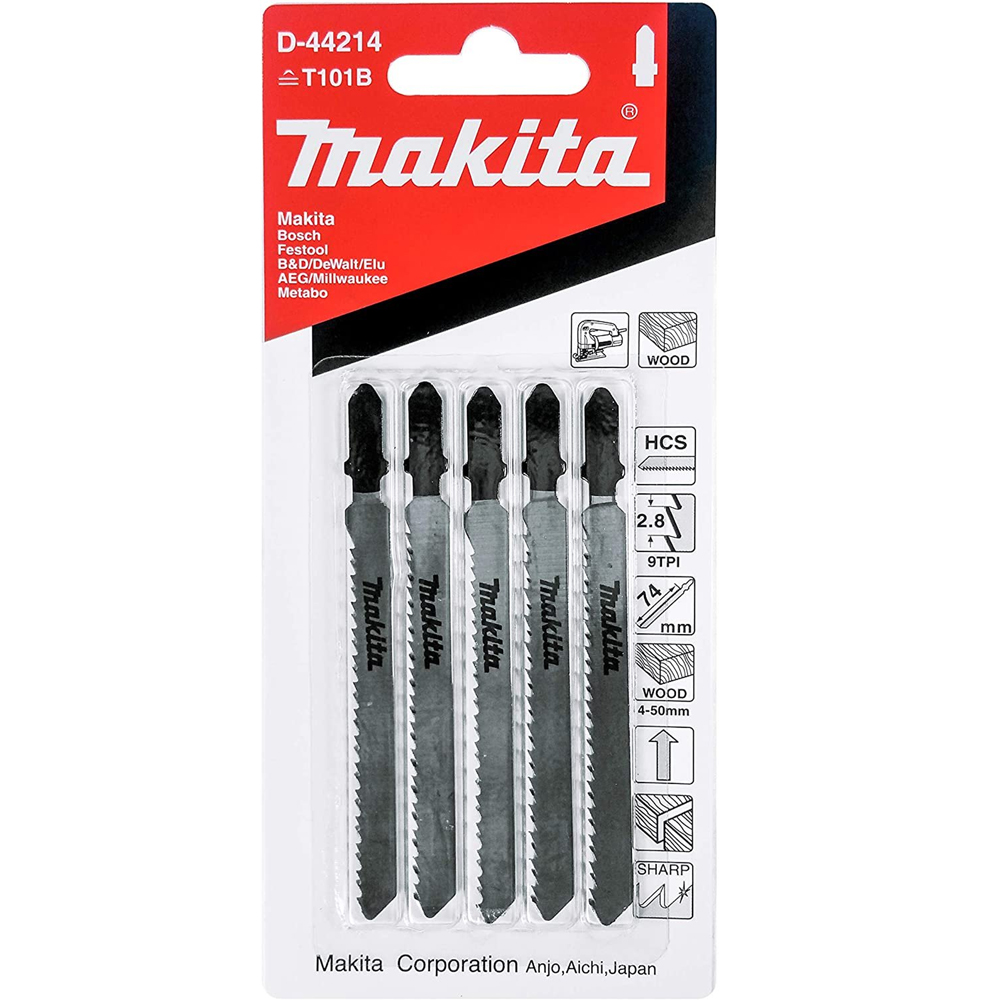 MAKITA D-44214 ใบเลื่อยจิ๊กซอว์ T101B (5ใบ/แผง) รุ่นประหยัด ตัดไม้ผิวเรียบ เทียบ B-11
