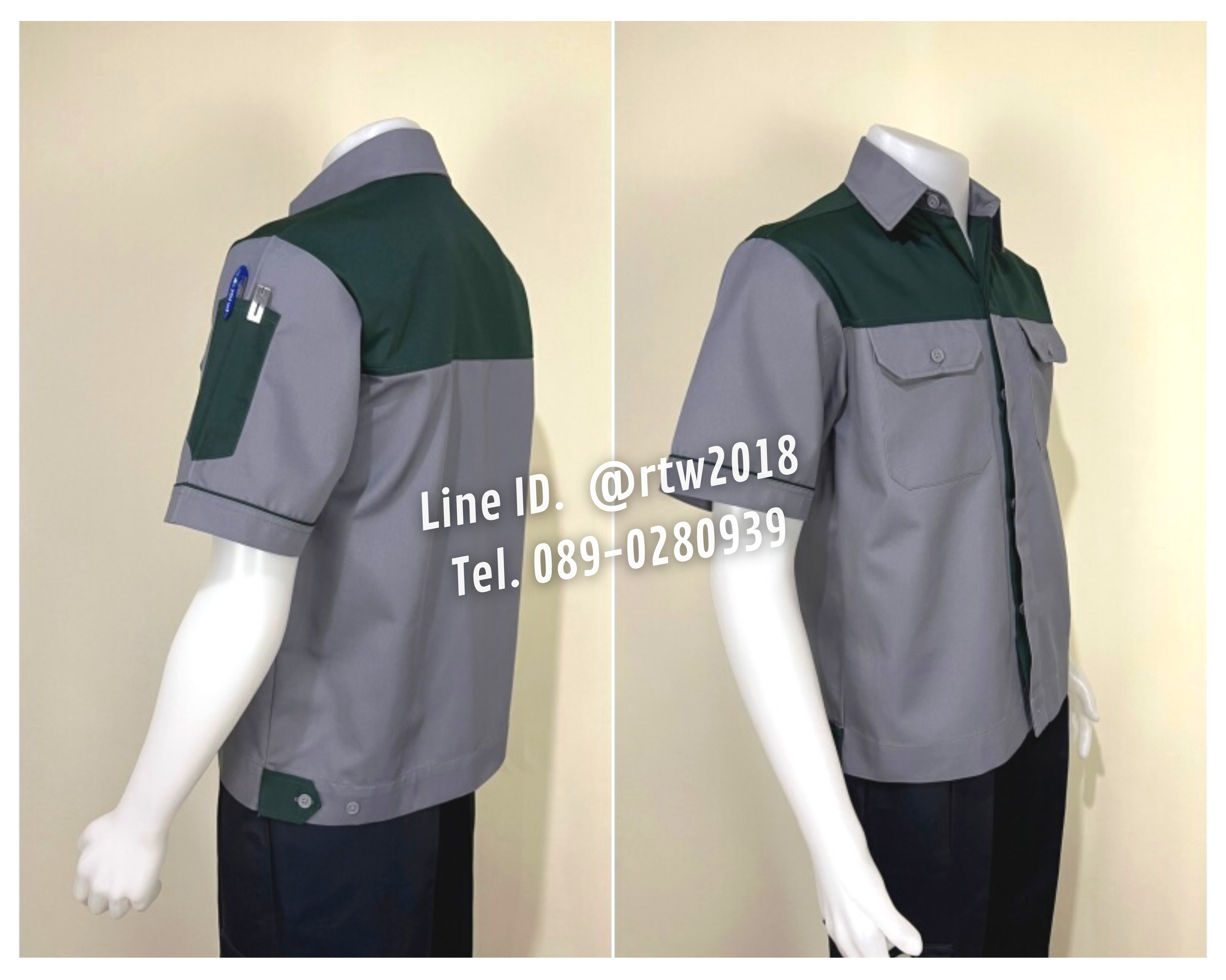 รหัส A8.4 : เสื้อช่างแขนสั้นผ้าคอมทวิวสีเทาอกเขียวแก่ (ซ่อนสาบ)