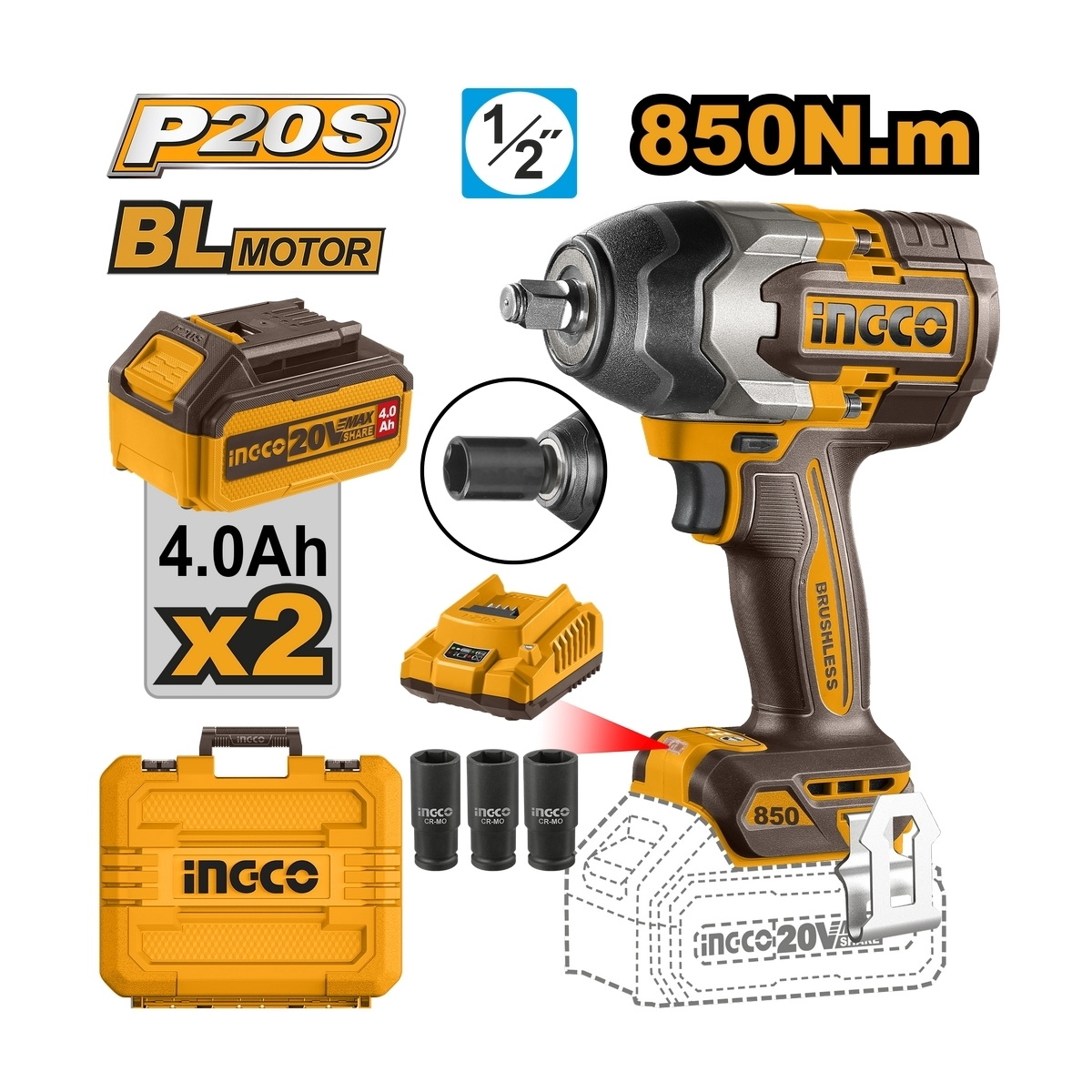 INGCO CIWLI2085 บล็อกไร้สาย 1/2" 850Nm 20V แบตx2