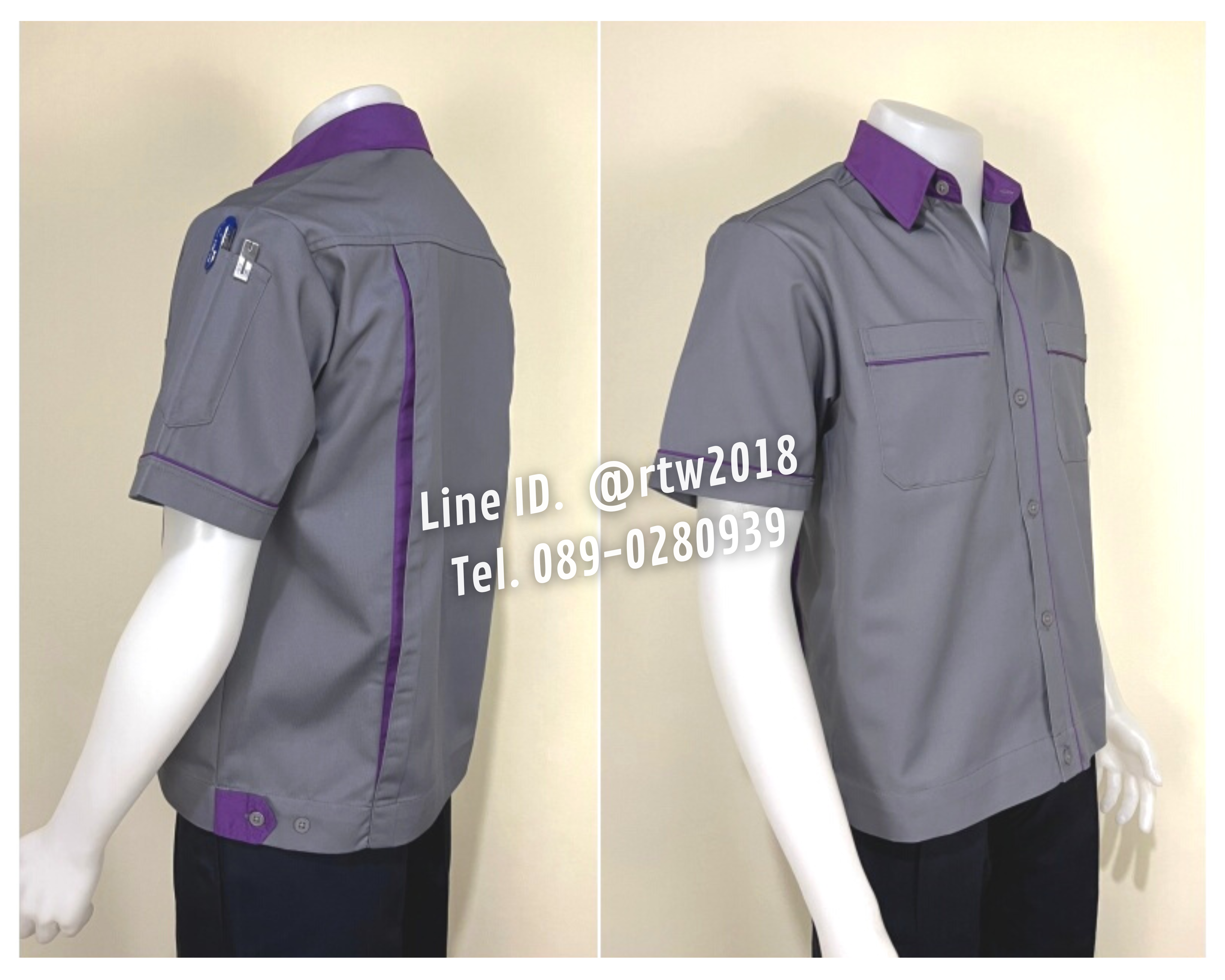 รหัส A5.1 : เสื้อช่างแขนสั้นผ้าคอมทวิวสีเทากุ้นม่วง