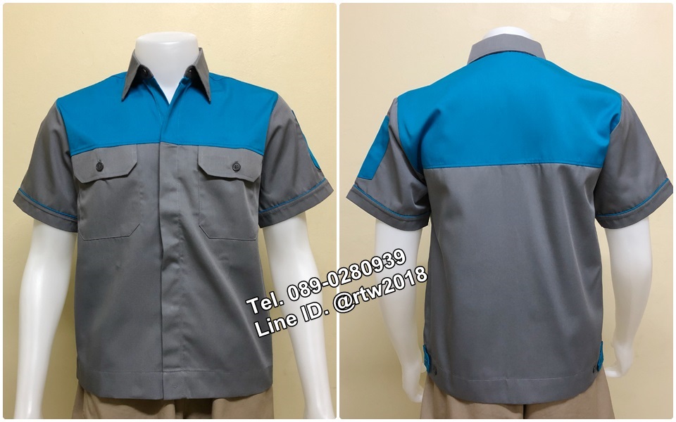 เสื้อช่างแขนสั้นแบบเทาอกฟ้ากระดุมซ่อนสาบ (รหัส A35)