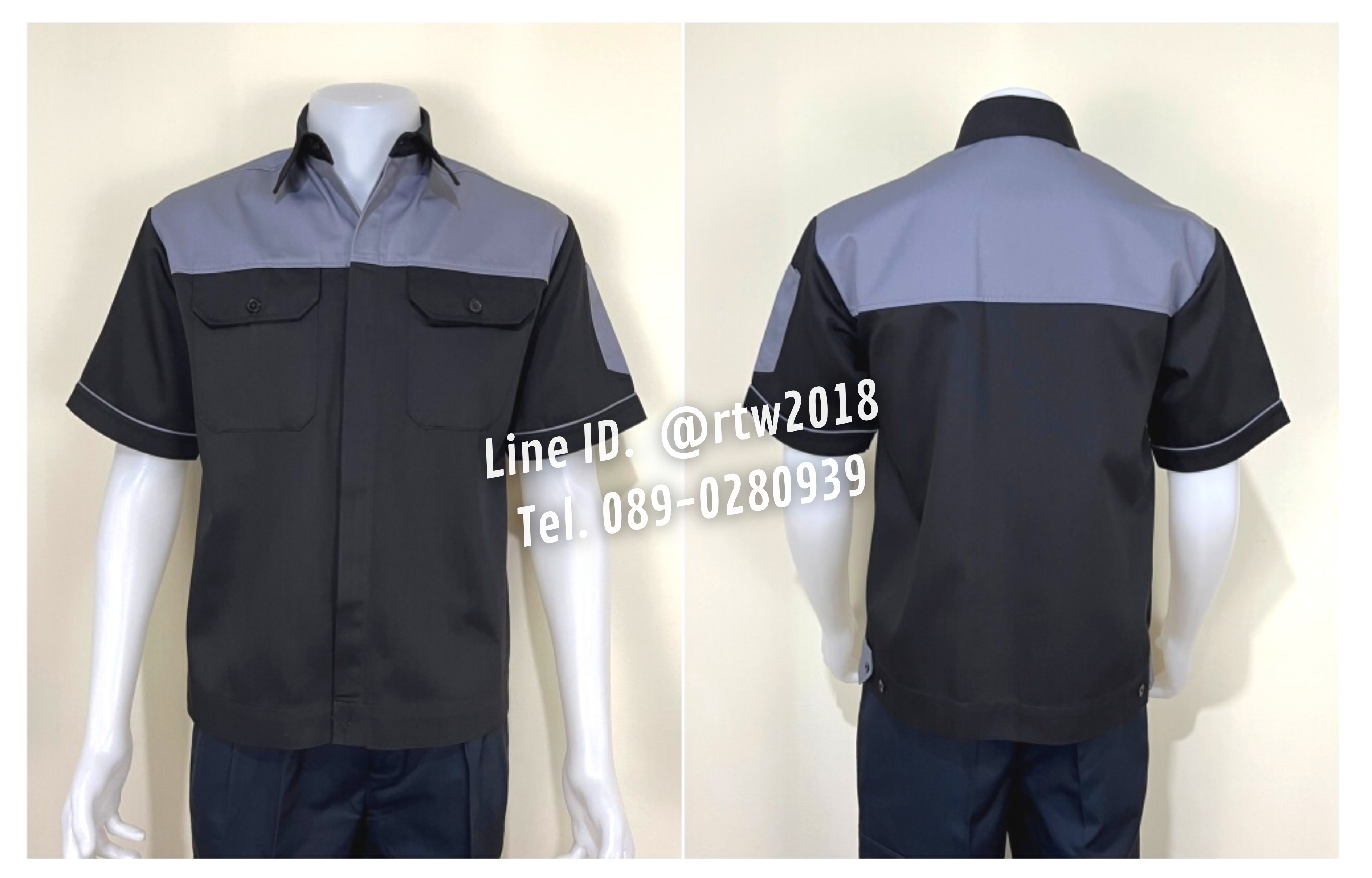 รหัส A10.9 : เสื้อช่างแขนสั้นผ้าคอมทวิวสีดำอกเทา (ซ่อนสาบ)