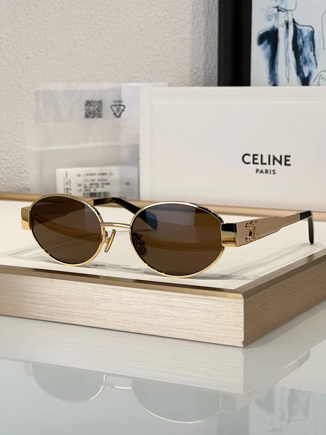 พร้อมส่ง 2024nfc CL40235 TOP QUALITY Celine Metal triomphe 01 Size：53口18-145✔️🌟 COLOR : brown gold Full box set
