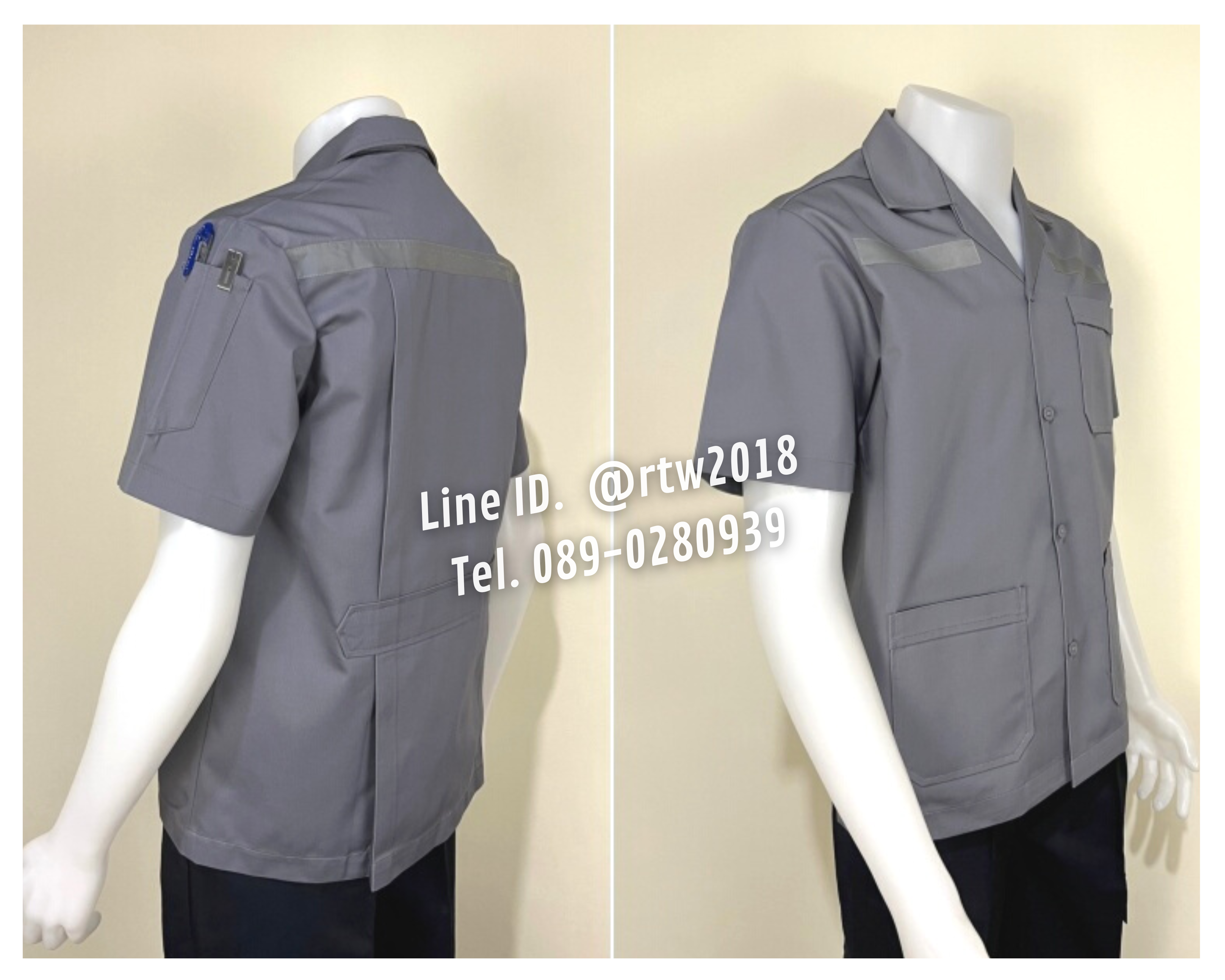 รหัส A1.11 : เสื้อช่างแขนสั้นผ้าคอมทวิวสามกระเป๋าสีเทาล้วน (ติดสะท้อนแสง)