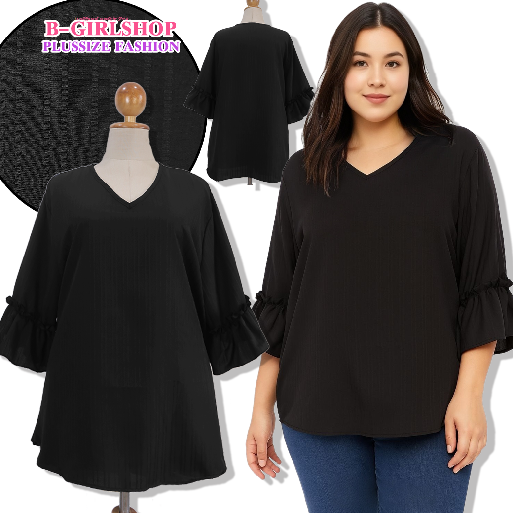 Ha6884-2 เสื้อสาวอวบคอวีแขน 5 ส่วนระบายปลายแขน ผ้าโซล่อนทอลายทางเงานิดๆ สลับในเนื้อผ้า เพิ่มเท็กซ์เจอร์ รอบอก 56 วงแขน 27 - 28 ชาย 66 ยาว 32 นิ้ว