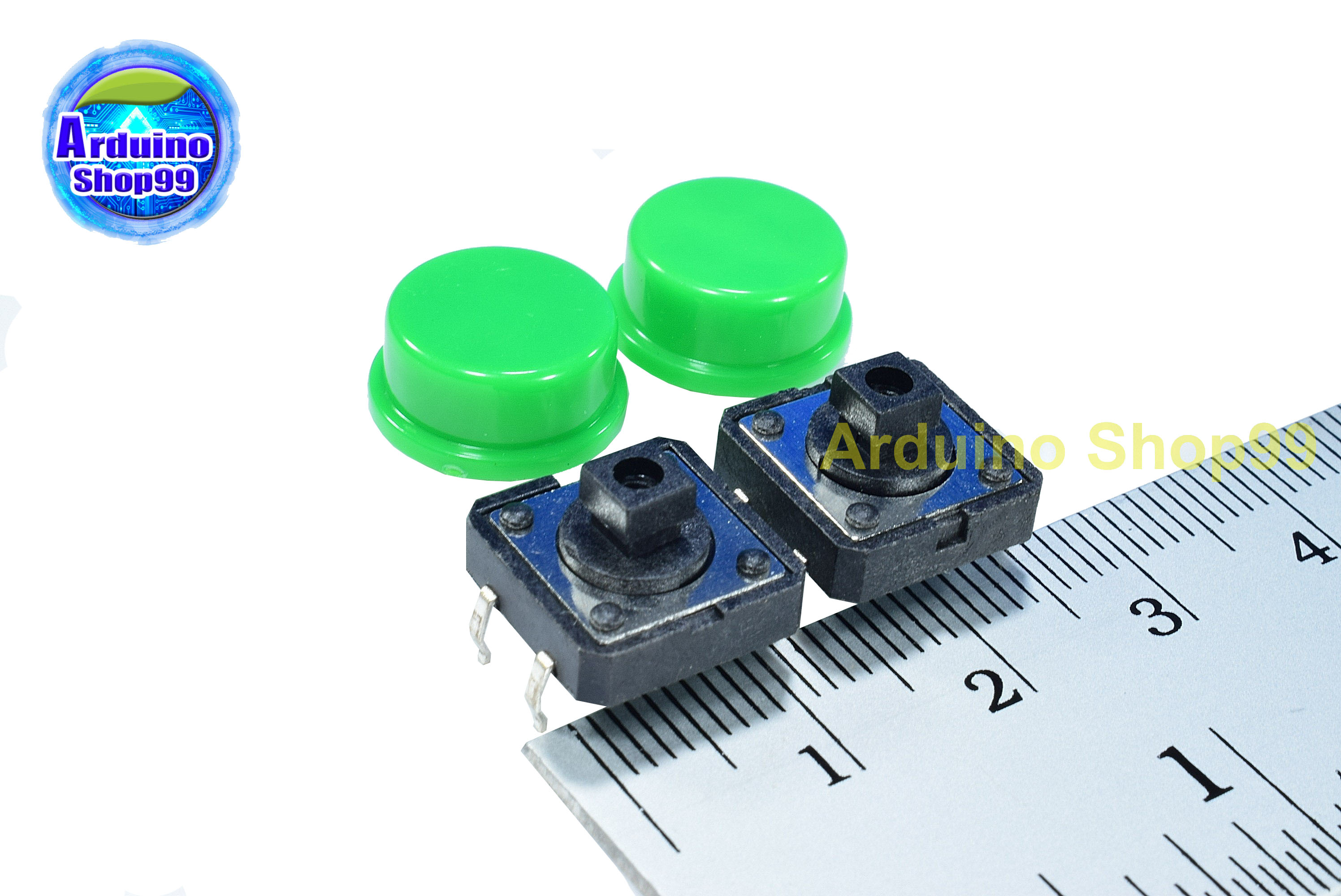 Tact switch 12X12X7.3 mm. button domestic + color button (สีเขียว 2 ชุด)