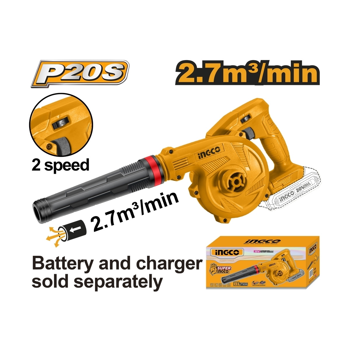 INGCO CABLI20018 เครื่องเป่าลมไร้สาย ปรับรอบ 20V เครื่องเปล่า