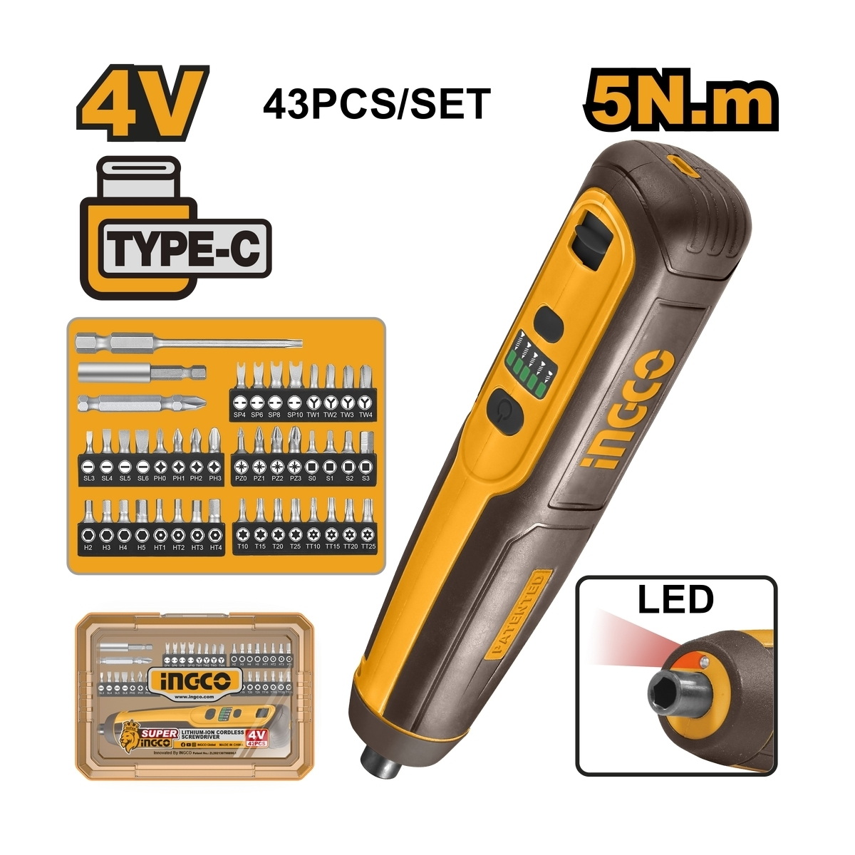 INGCO CSDLI04062 ไขควงแบตเตอรี่ 4V พร้อมดอกไขควง