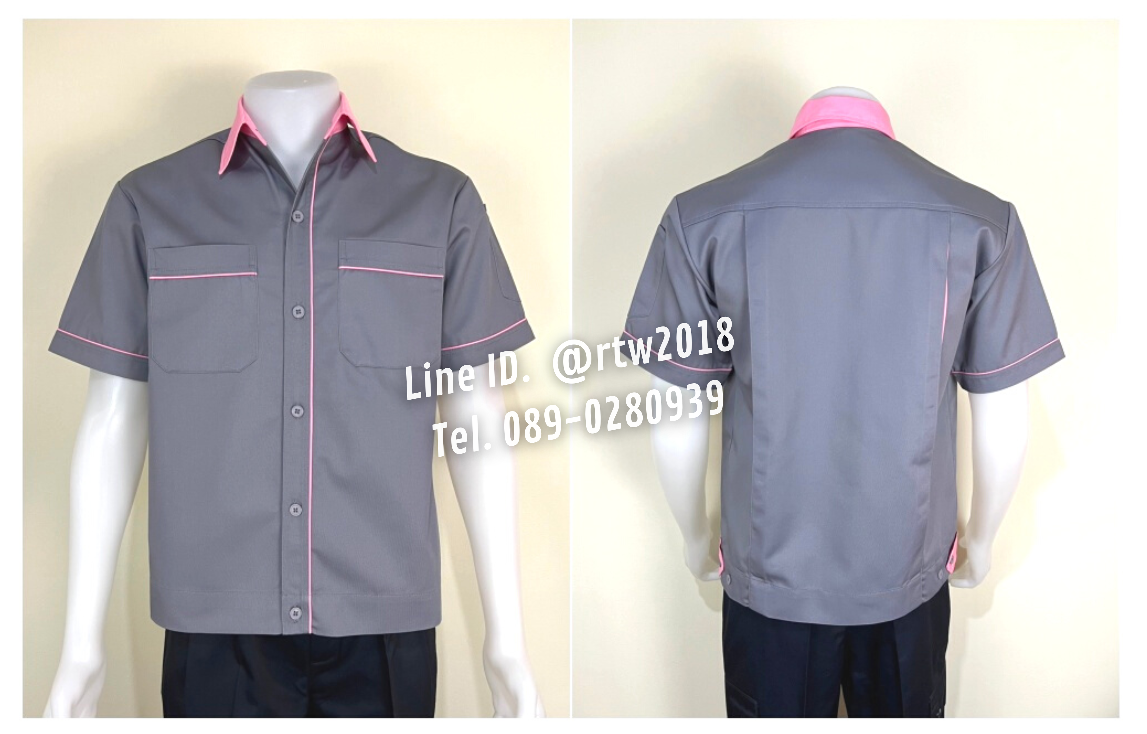 รหัส A5.14 : เสื้อช่างแขนสั้นผ้าคอมทวิวสีเทากุ้นชมพูอ่อน