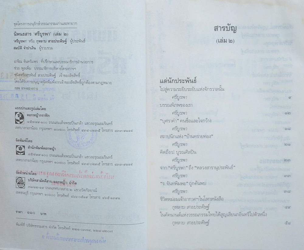 นิพนธสาร “ศรีบูรพา” (เล่ม 2 / ขายตามสภาพ)