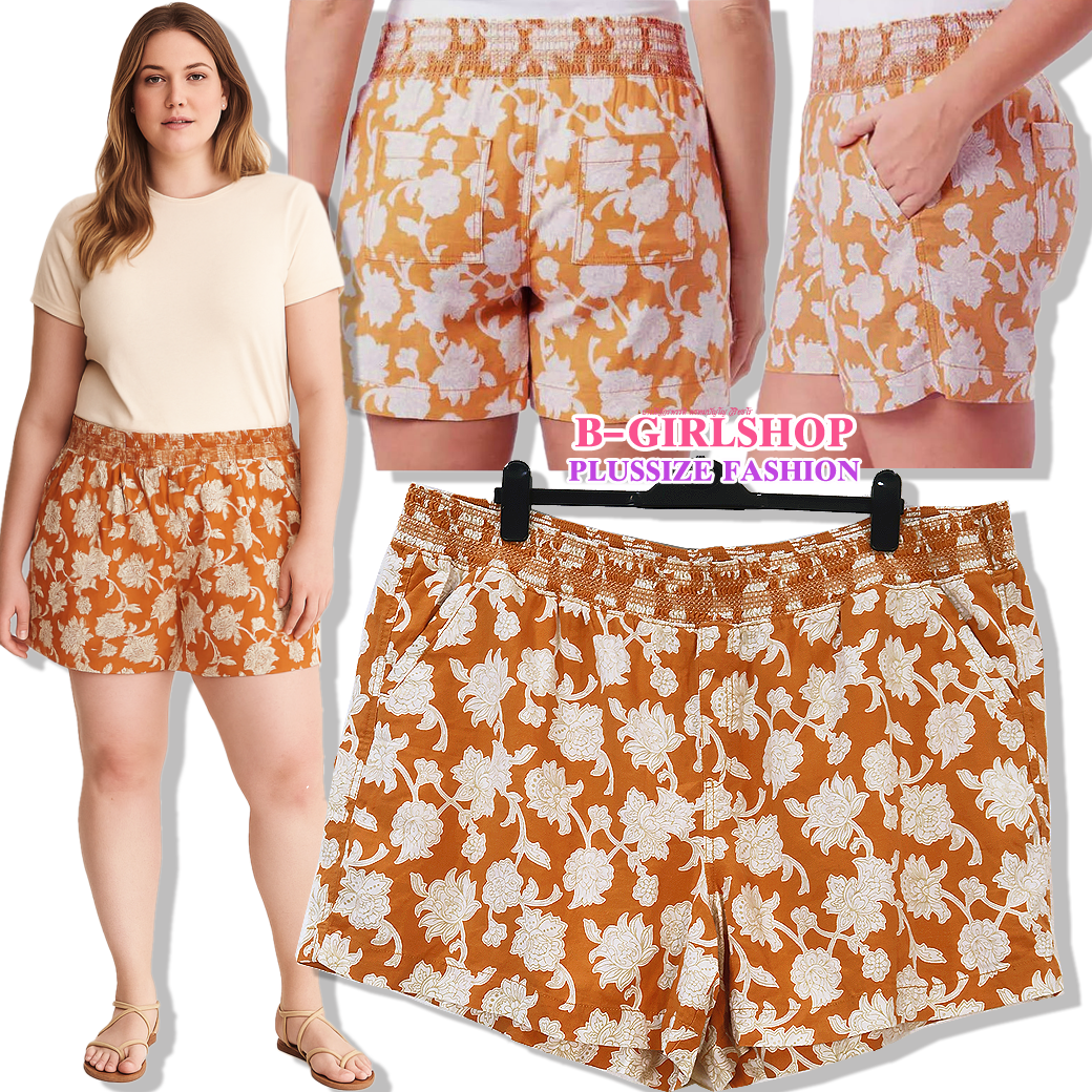 Ha6699 *แบรนด์นอก BRIGGS ตัดป้าย* ไซส์ 2X กางเกงขาสั้นผ้าลินินแท้สีน้ำตาลส้มลายดอกไม้เอวสม็อกยางรอบ มีกระเป๋าข้าง รอบเอว 44 ยืด 50 (ดึงสุดมือ 56) สะโพก 60 ต้นขา 38 ยาว 17 นิ้ว