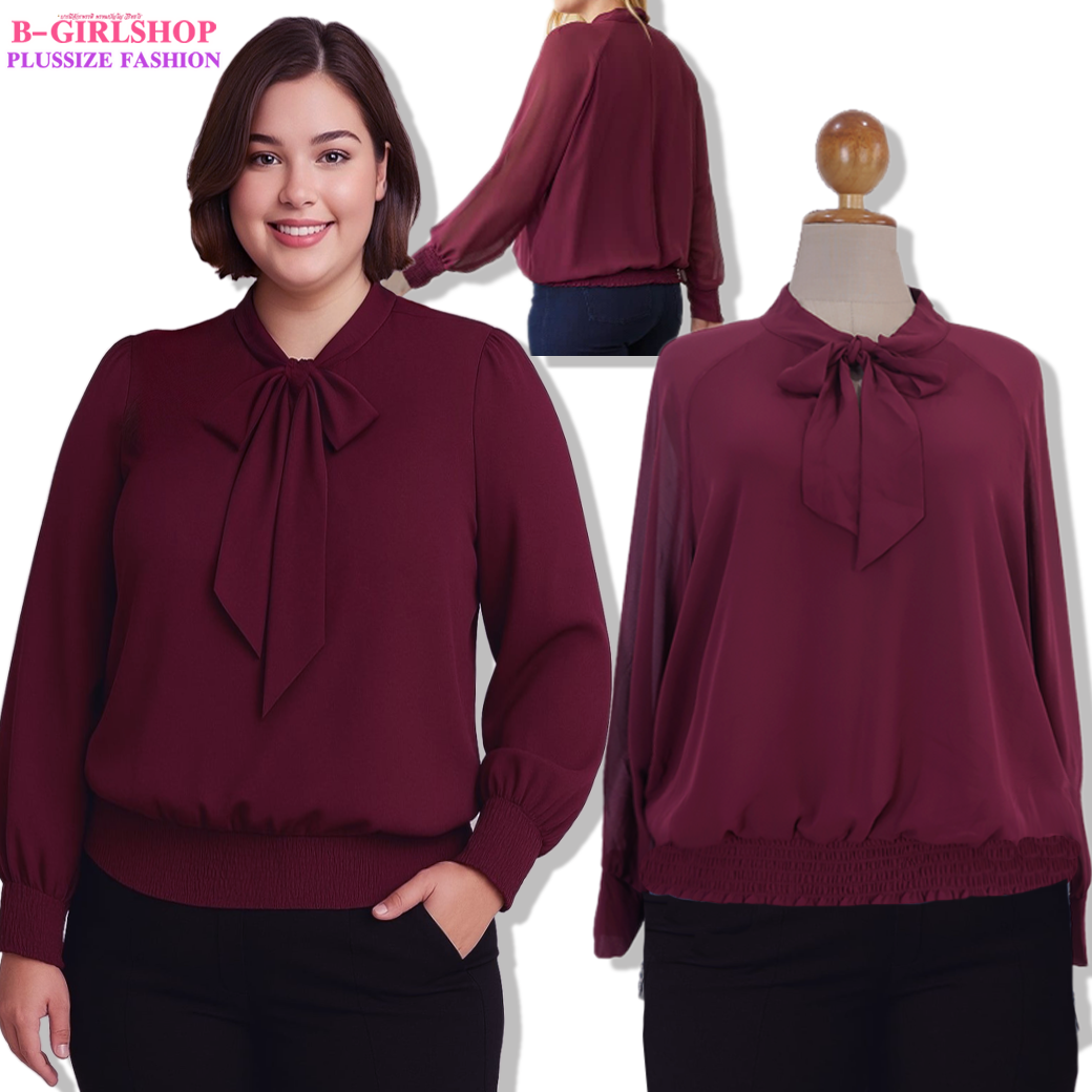 Ha4554-2 *แบรนด์นอก Reitmans* ไซส์ 3x เสื้อคนอ้วนสีแดงเข้มผูกโบช่วงคอ ผ้าพริ้วทิ้งตัวงานสวย รอบอก 56 วงแขน 26 ชาย 52 ยืด 62 ยาว 28 นิ้ว