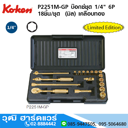 KOKEN P2251M-GP บ๊อกซ์ชุด 1/4" 6P 18ชิ้น/ชุด (มิล) เคลือบทอง