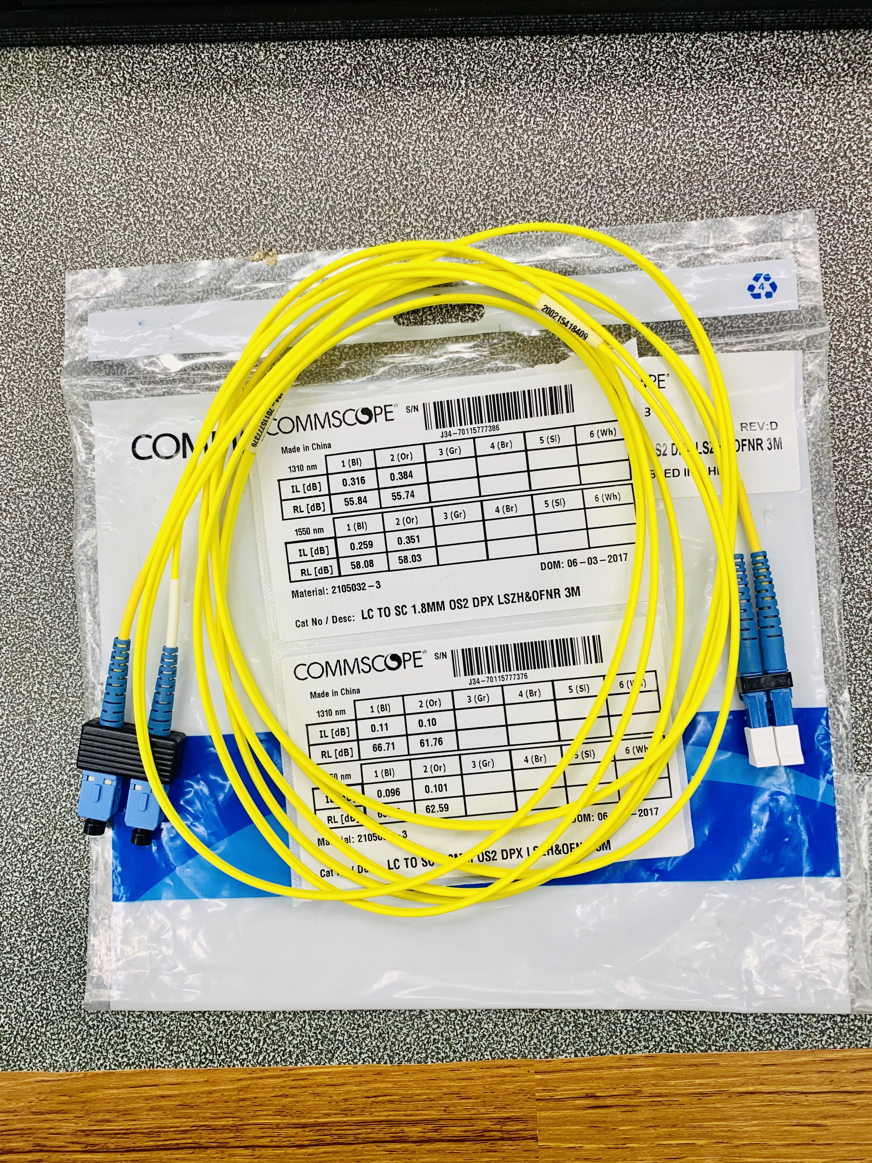 COMMSCOPE P/N 2105032-3 Fiber LC to SC 1.8mm OS2 DPX LSZH &OFNR 3m.Singmode