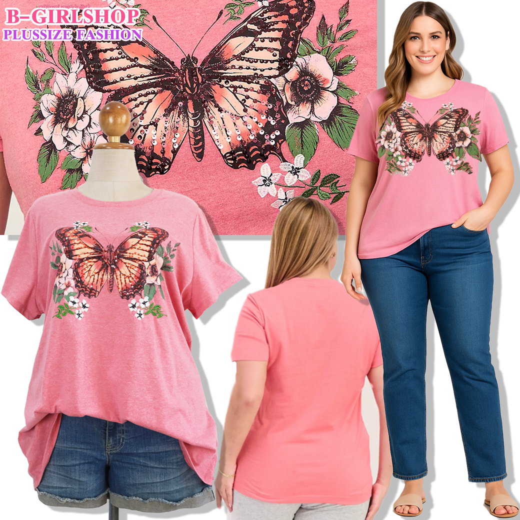 Ha6257 *แบรนด์นอก Lane Bryant* ไซส์ 30/32 เสื้อยืดเนื้อดีมากสกรีนผีเสื้อ ปักเลื่อม และปักเส้นไหมเป็นดอกไม้นูน งานสวย ลายสวย ดีเทลปักสวยมาก รอบอก 60 ยืด 64 วงแขน 30 - 34 ชาย 68 - 74 ยาว 33 นิ้ว