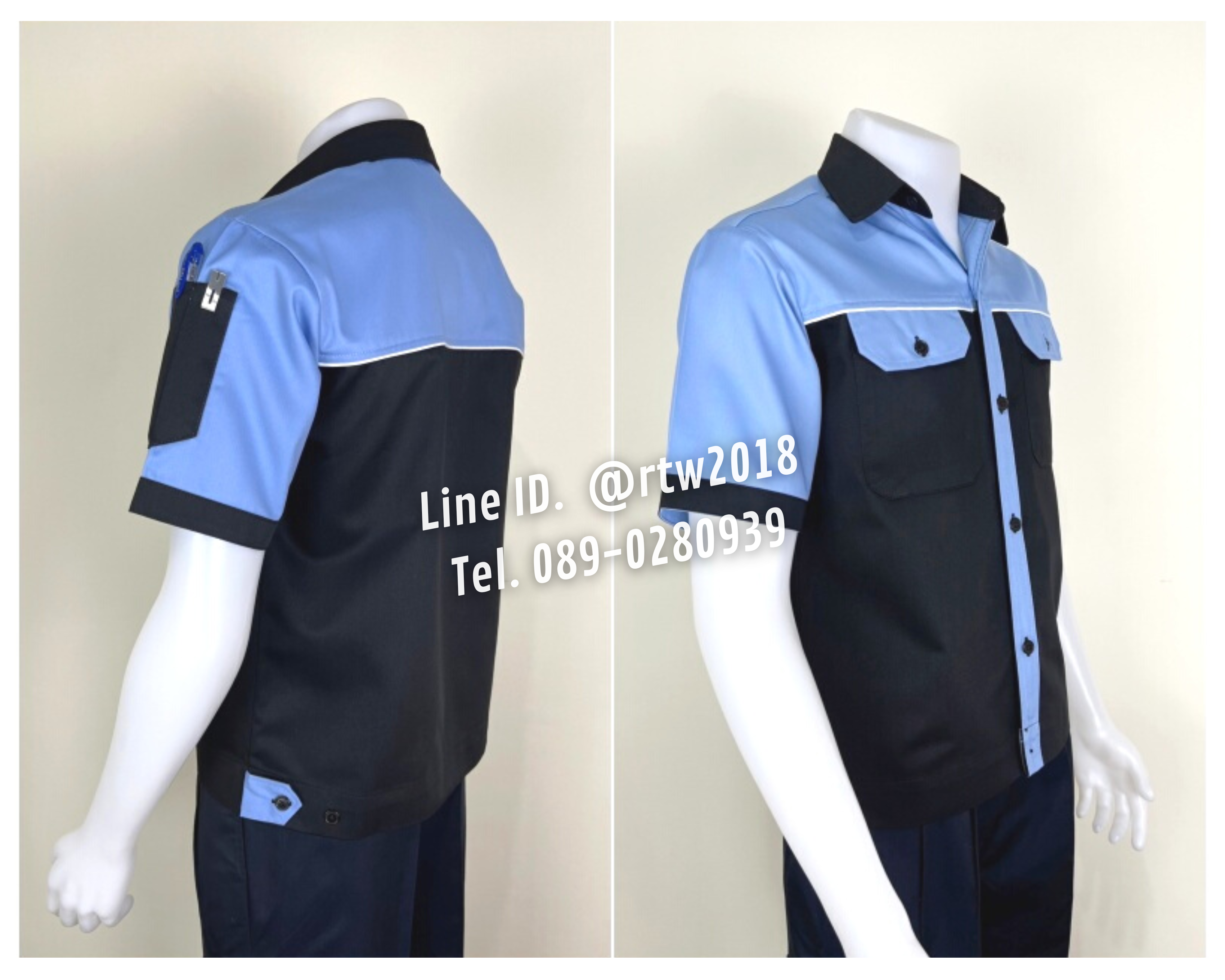 รหัส A27.5 : เสื้อช่างแขนสั้นผ้าคอมทวิวสีดำอก+แขนฟ้า (กุ้นขาว)