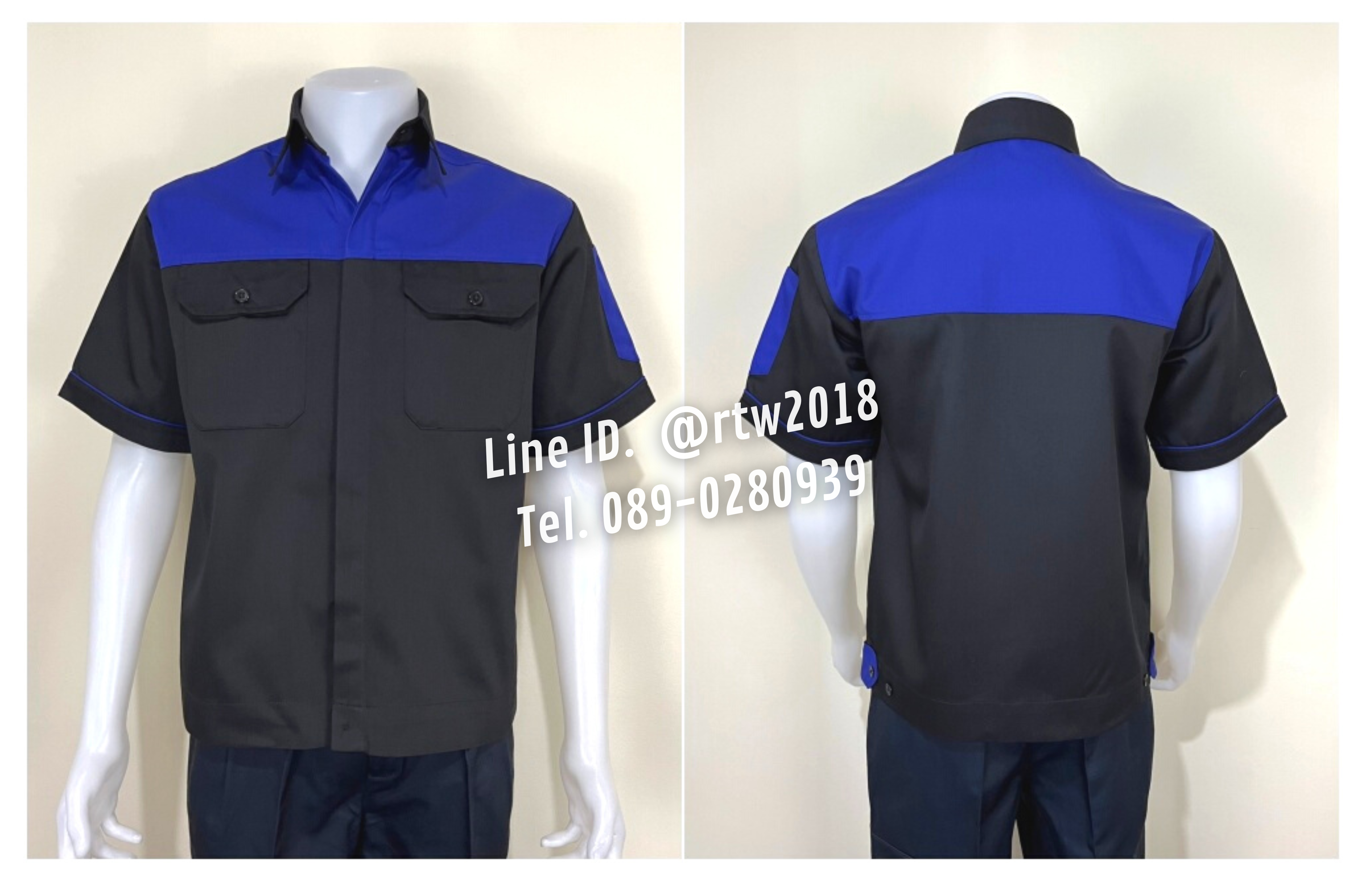 รหัส A10.1 : เสื้อช่างแขนสั้นผ้าคอมทวิวสีดำอกน้ำเงิน (ซ่อนสาบ)