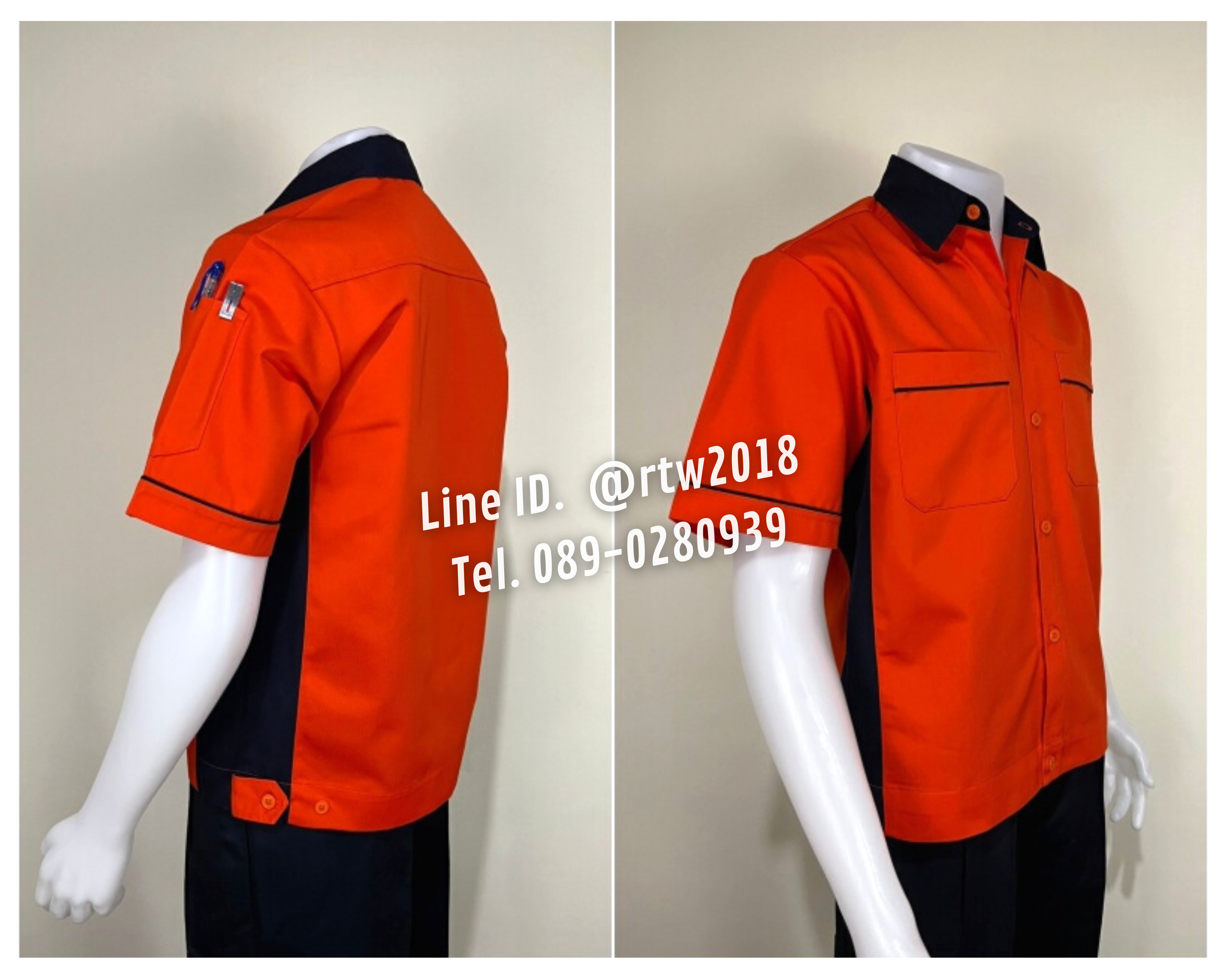 รหัส A14.3 : เสื้อช่างแขนสั้นผ้าคอมทวิวสีส้มข้างกรมท่า