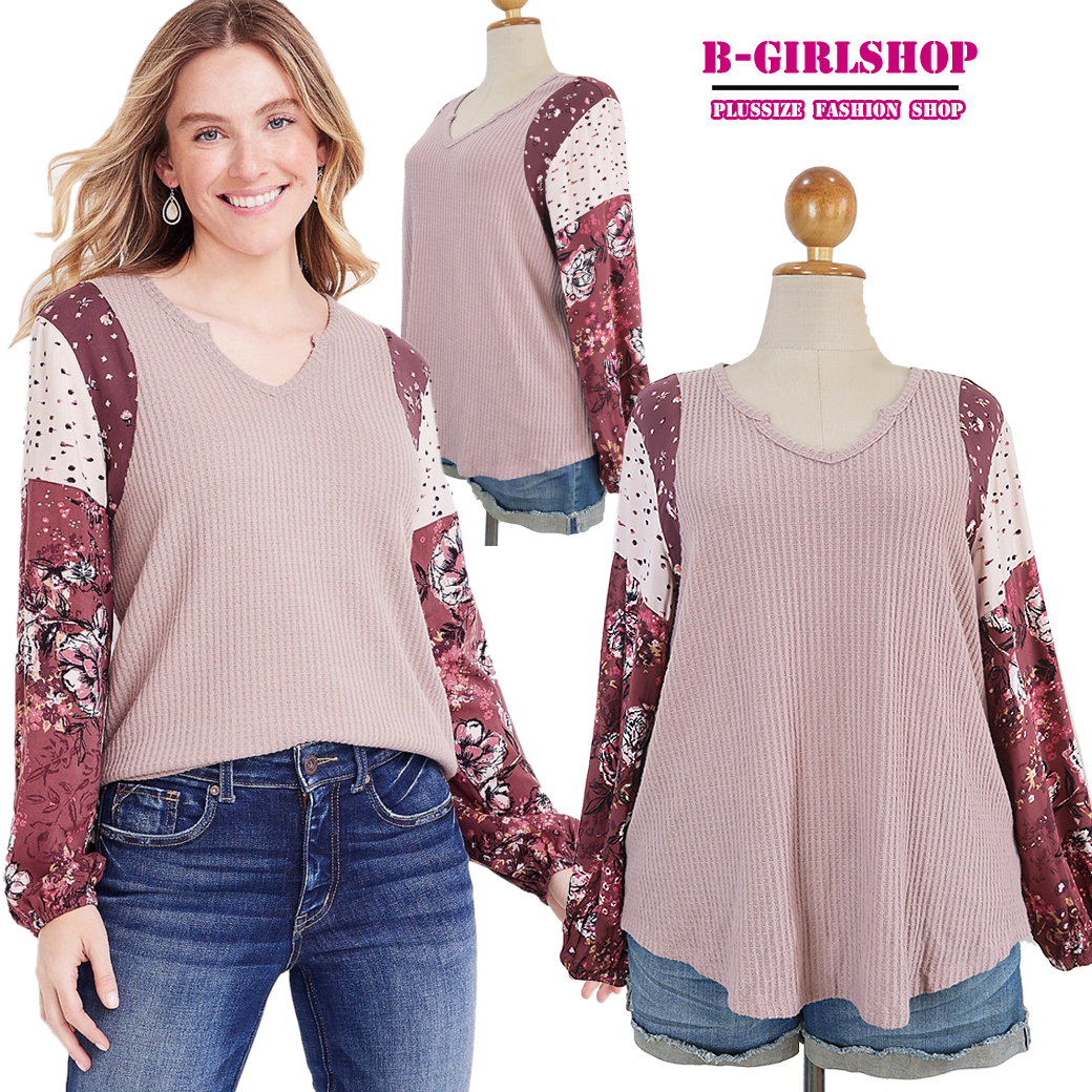 Ha4755 *แบรนด์นอก Maurices* ไซส์ 1x เสื้อยืดผ้าวาฟเฟิลเนื้อไม่หนาสีกลีบบัวต่อแขนผ้าแบมเบิร์ทเนื้อเย็นระบายอากาศลายดอกไม้ รอบอก 48 ยืด 54 วงแขน 24 ชาย 52 ยืด 56 ยาว 28.5 นิ้ว