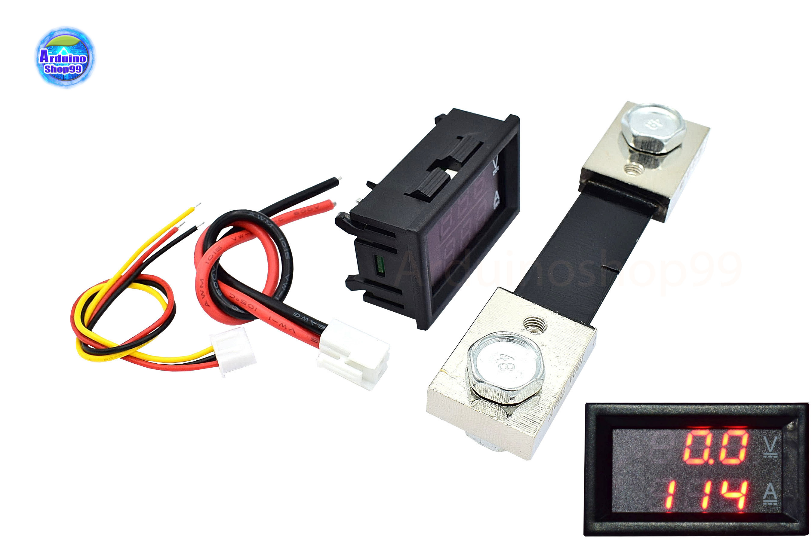 จอแสดงผล ค่าโวลต์ - ค่าแอมป์ DC 0-100V / 100A LED DC Dual Display Digital Voltmeter Ammeter พร้อม Shunt ขนาด 100A (Voltสีแดง/Ampสีแดง)