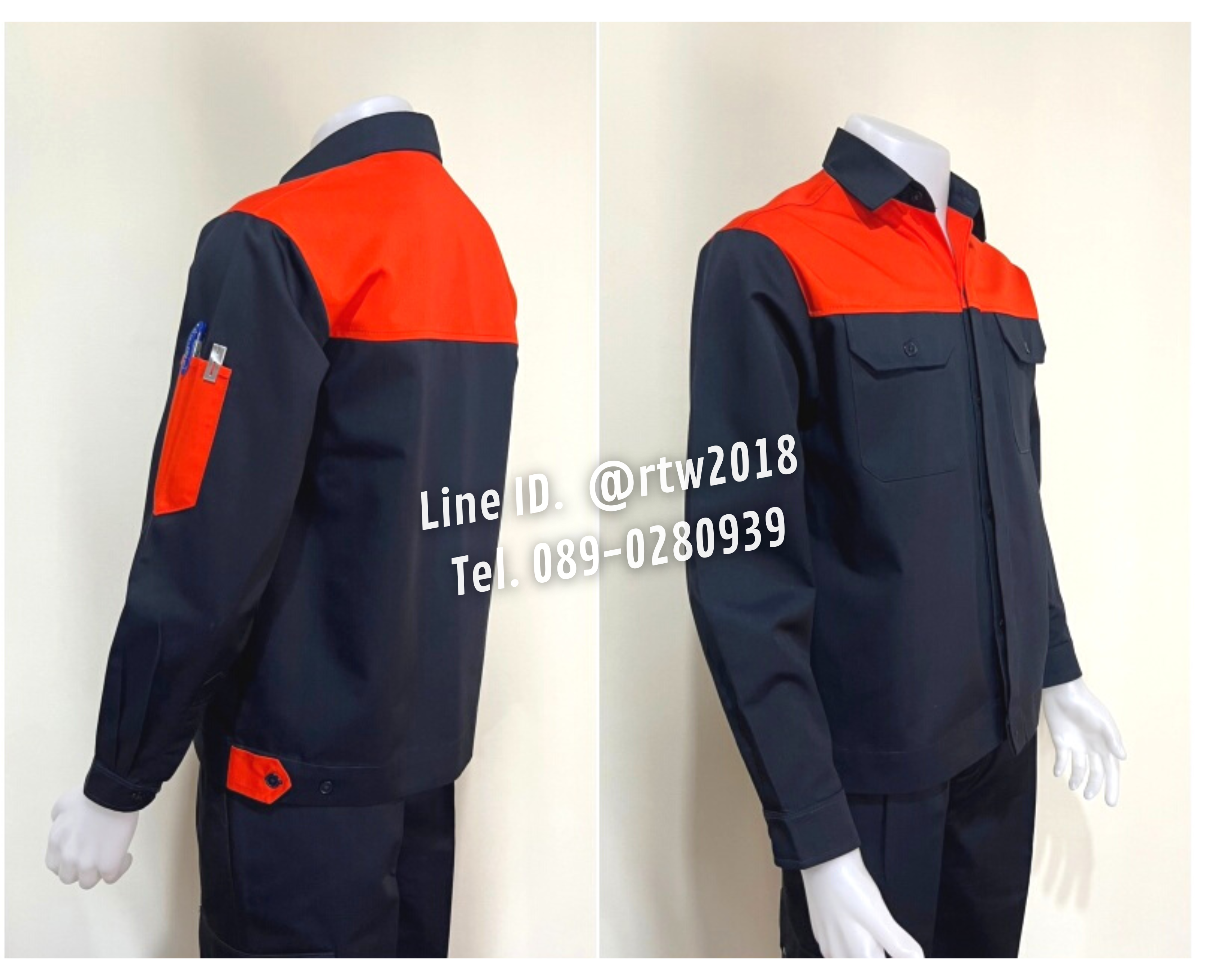 รหัส AB3.5 : เสื้อช่างแขนยาวผ้าคอมทวิวสีกรมท่าอกส้ม (ซ่อนสาบ)