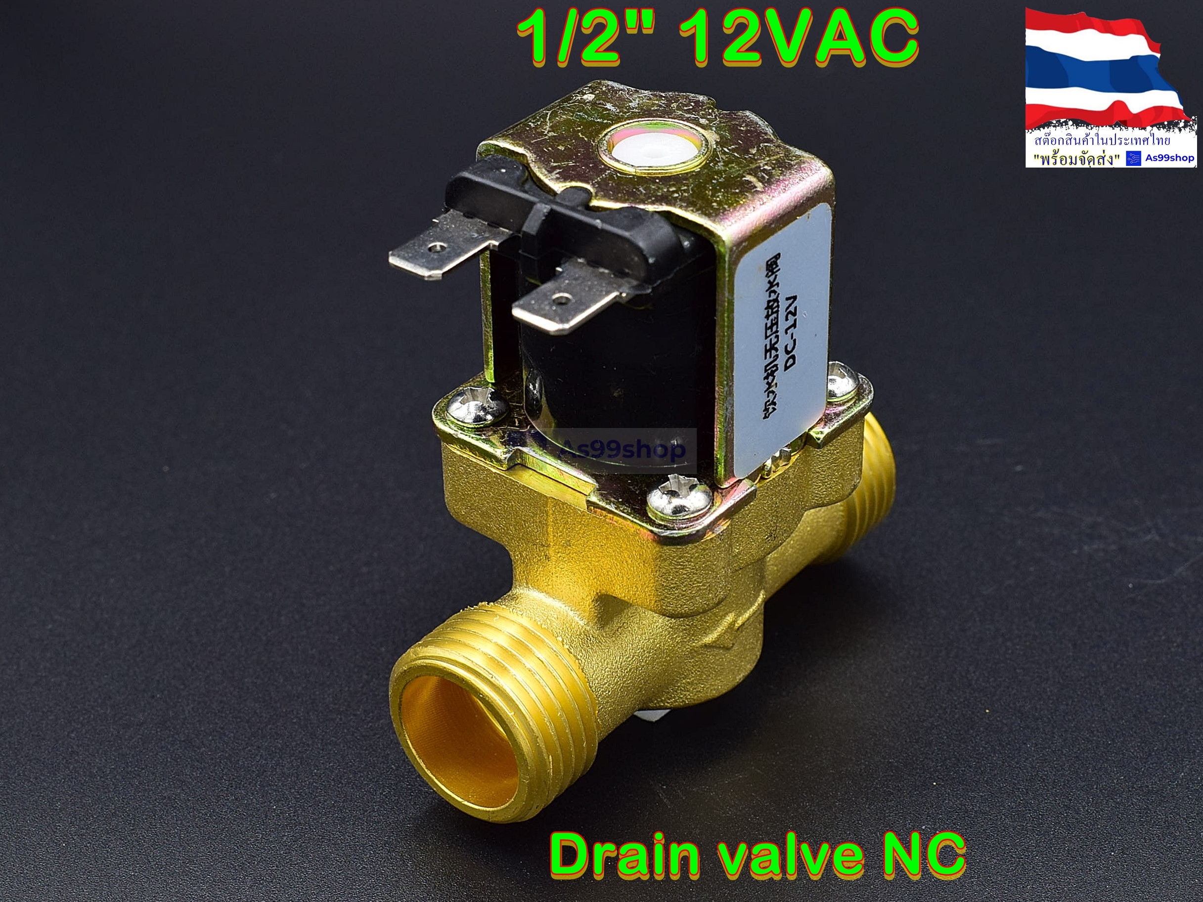 โซลินอยด์วาล์วทองเหลือง Solenoid Valve 12VDC 1/2 นิ้ว (วาล์วระบายน้ำที่ไม่มีแรงดัน drain valve)