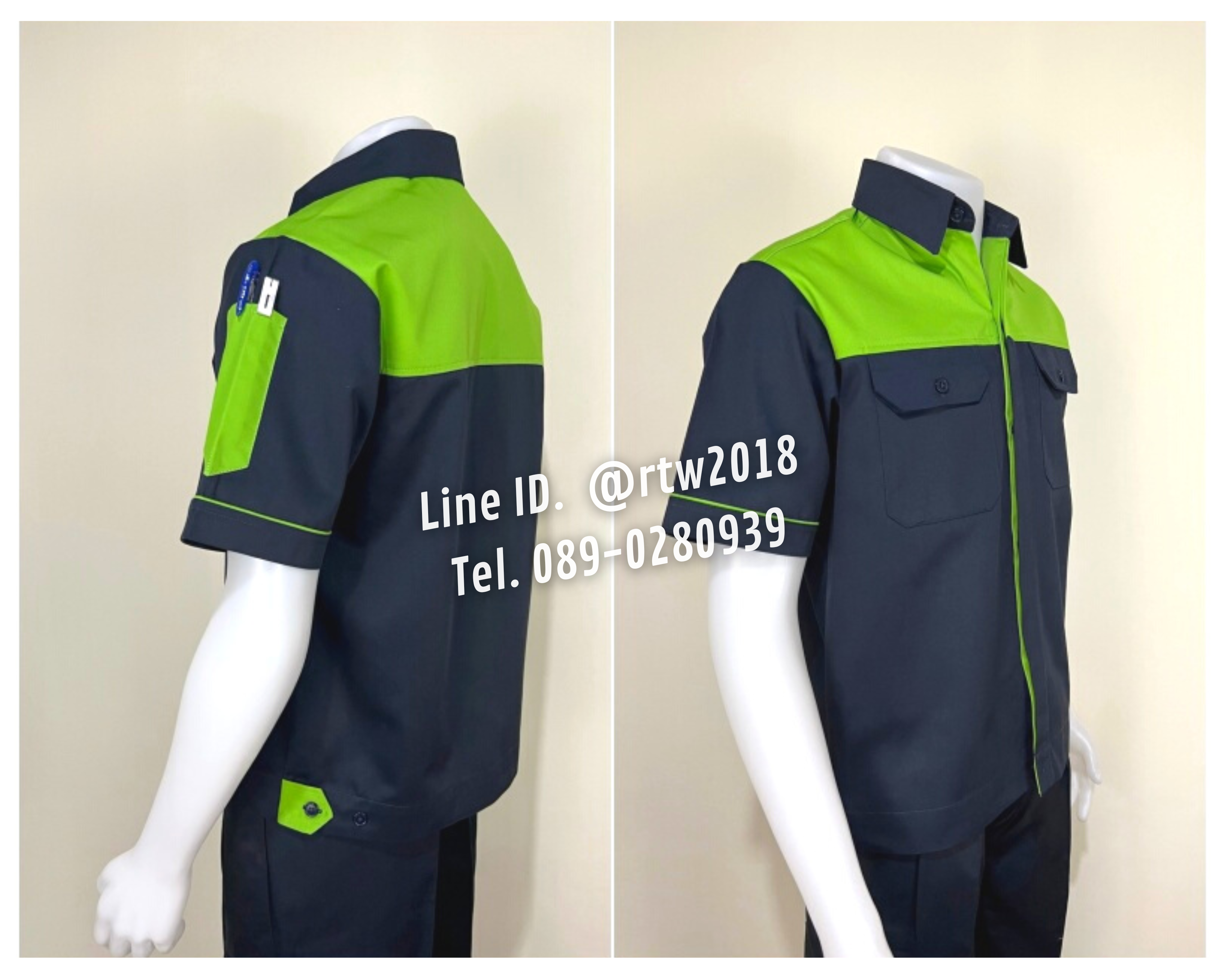 รหัส A9.3 : เสื้อช่างแขนสั้นผ้าคอมทวิวสีกรมท่าอกเขียวอ่อน (ซ่อนสาบ)