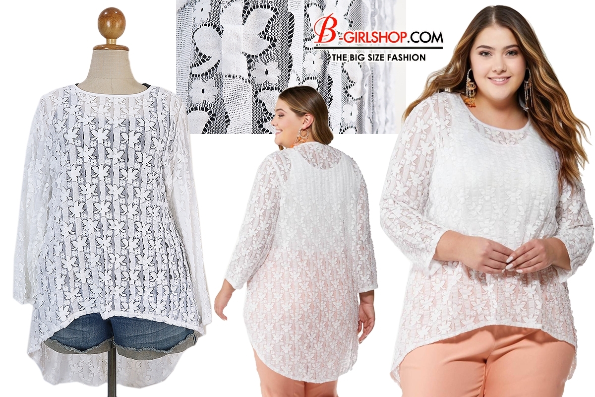 Ha5271 *แบรนด์นอก Cato* ไซส์ 22/24 เสื้อสาวอวบผ้าลูกไม้ทอระบายริ้วสีขาว ผ้าดีมาก ทรงหน้าสั้น หลังยาว (ไม่มีตัวในนะคะ) รอบอก 54 ยืด 60 วงแขน 24 - 28 ชาย 62 - 66 ยาวหน้า 29 หลัง 38 นิ้ว