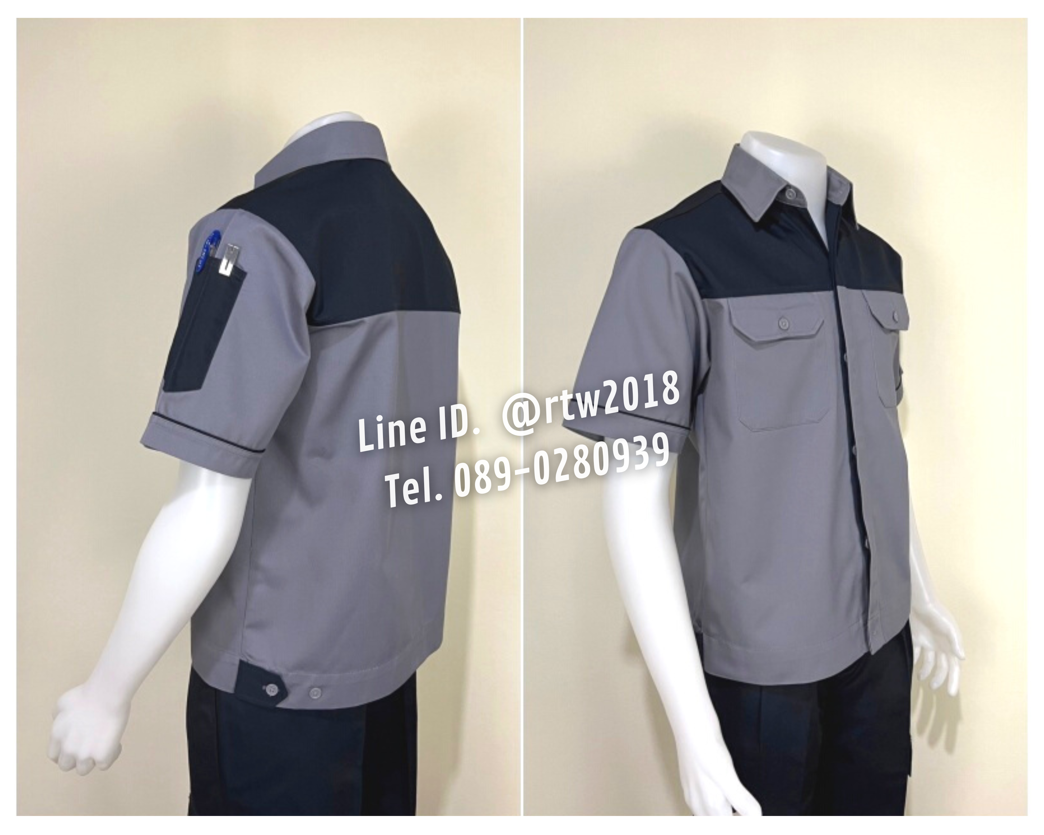รหัส A8.1 : เสื้อช่างแขนสั้นผ้าคอมทวิวสีเทาอกกรมท่า (ซ่อนสาบ)