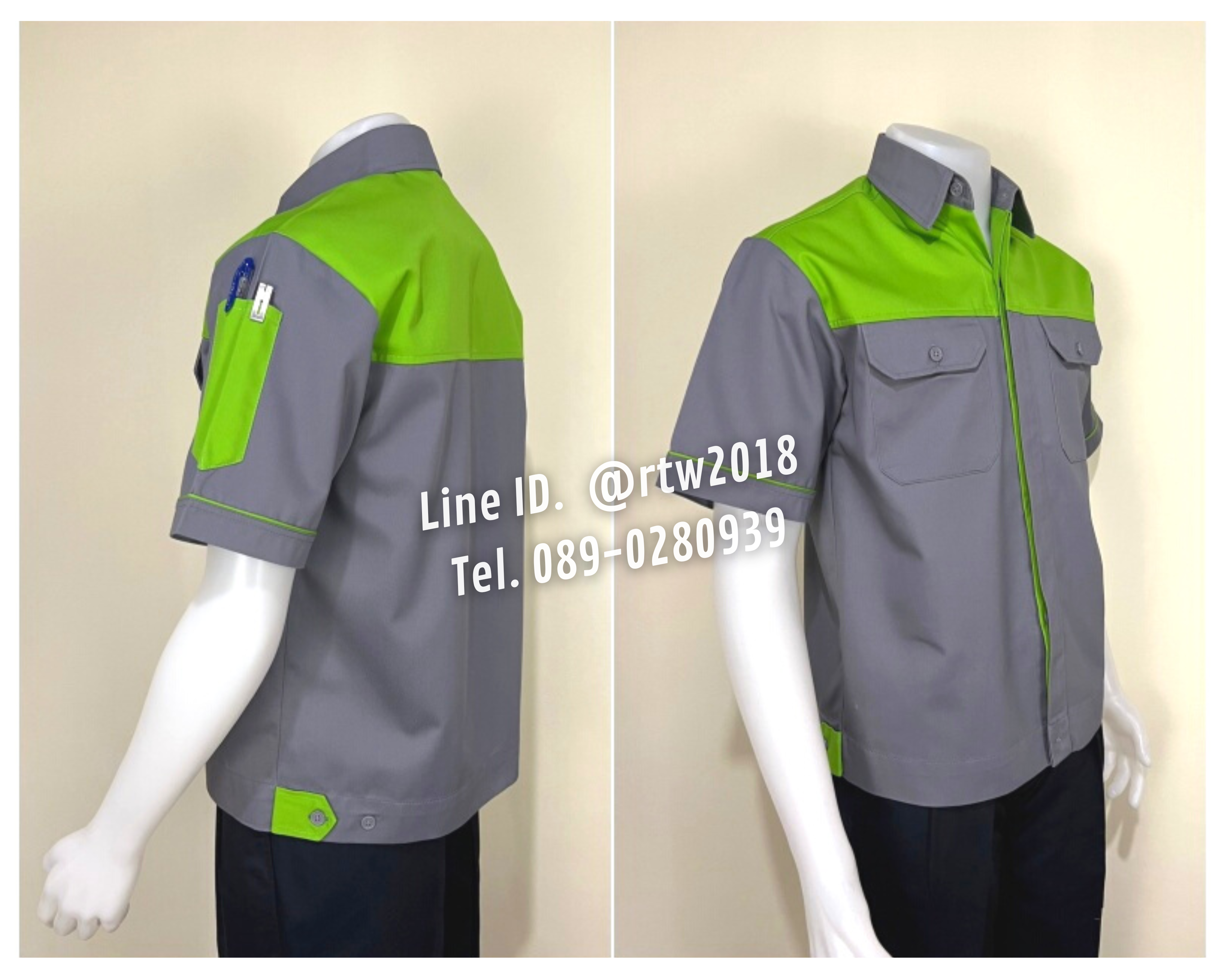 รหัส A8.5 : เสื้อช่างแขนสั้นผ้าคอมทวิวสีเทาอกเขียว (ซ่อนสาบ)