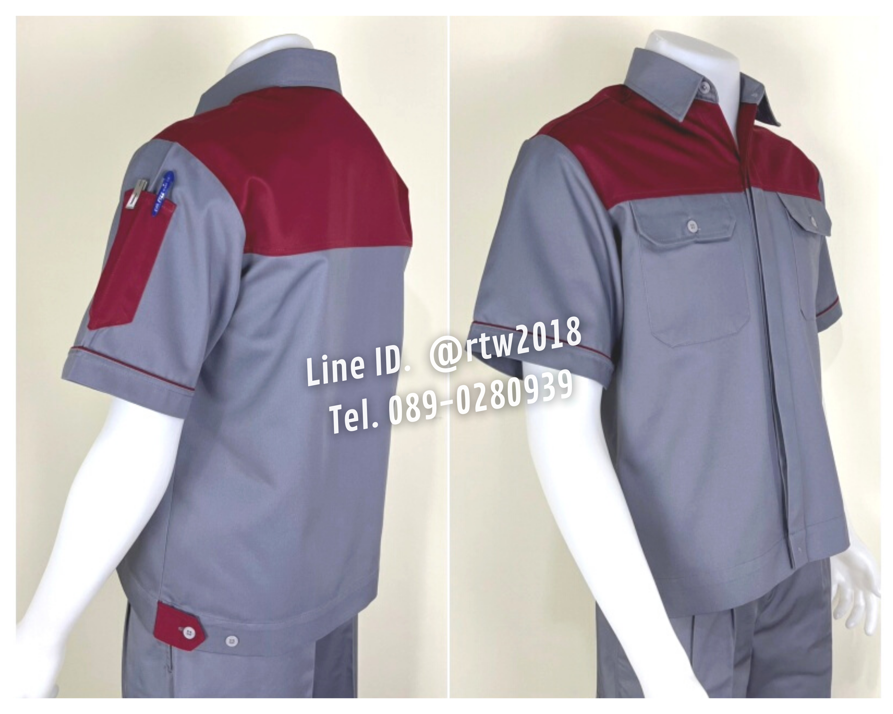 รหัส A8.9.2 : เสื้อช่างแขนสั้นผ้าคอมทวิวเทาอกเลือดหมู (ซ่อนสาบ)