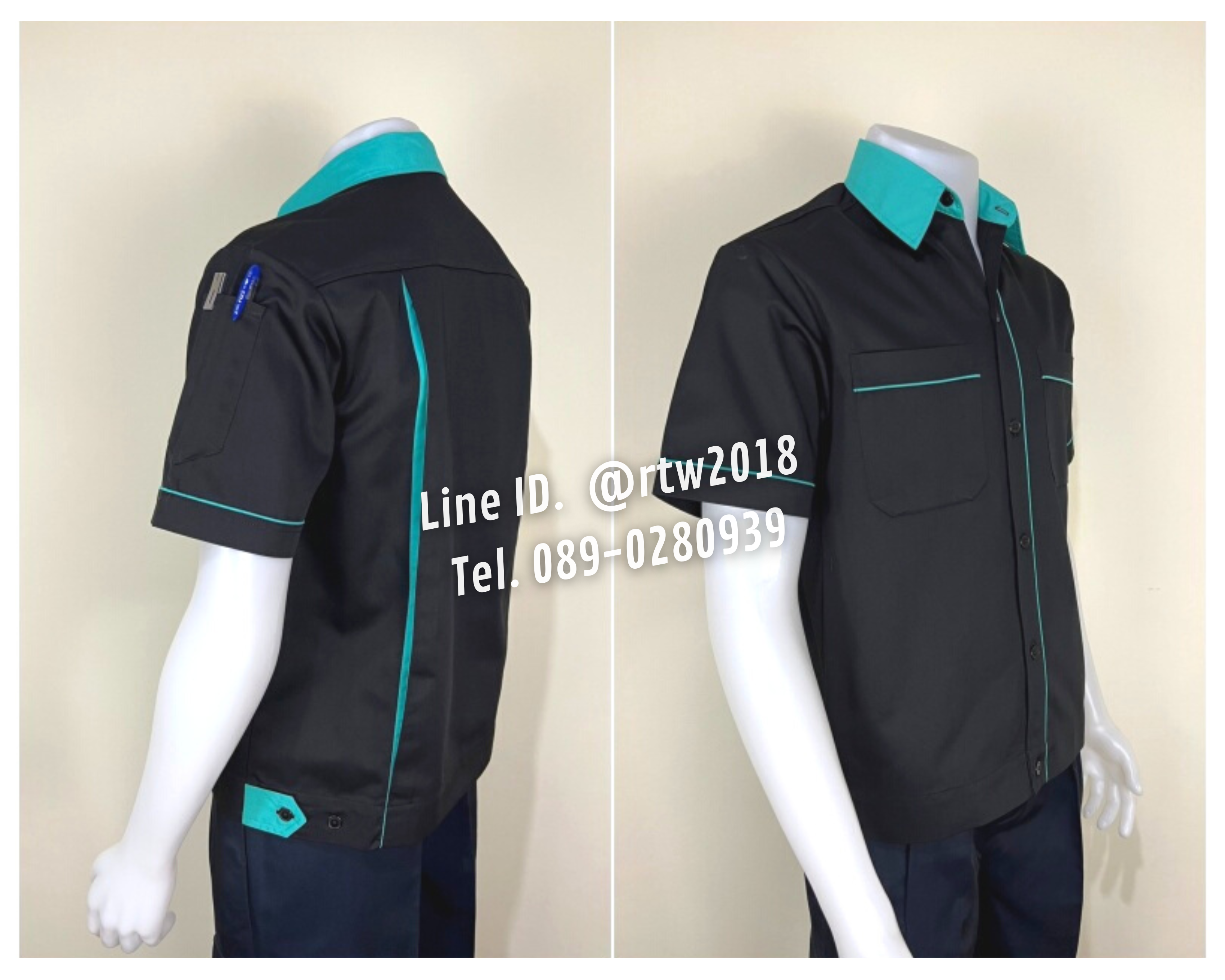 รหัส A7.6 : เสื้อช่างแขนสั้นผ้าคอมทวิวสีดำกุ้นเขียวมิ้น